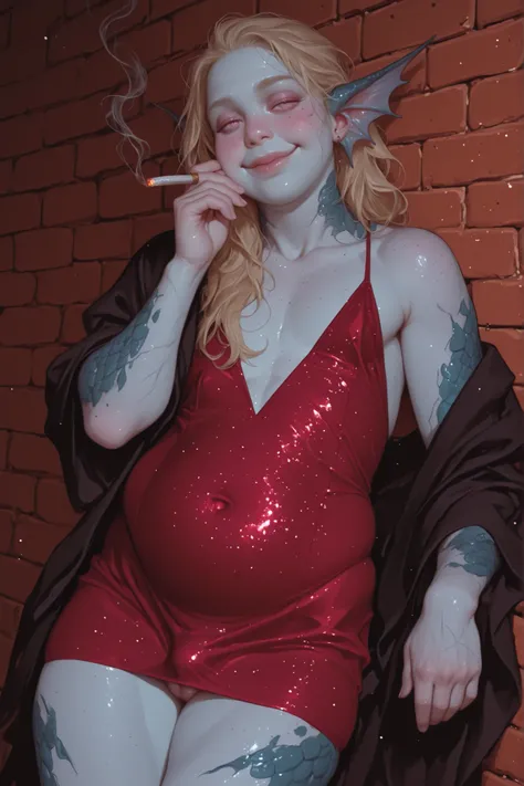 Semi realistic anime Midjourney art style of a portait of tall old, wrinkly, dilf chubby, obese, fat, man with pale blue skin and dark pink freckles. He has wrinkles and dark pink gills on his neck. He has long shoulder length electric blonde hair with blu...