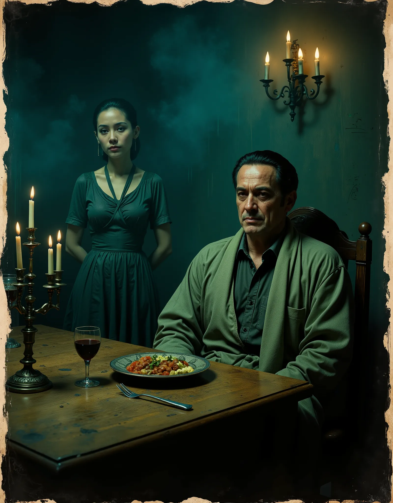 Only two people, the scene takes place in French colonial Indochine in the 1950s, A dimly lit dining room with a wooden table, set with a plate of food and wine glasses, exudes a heavy, melancholic mood. A wealthy but lonely white French man in a robe sits...
