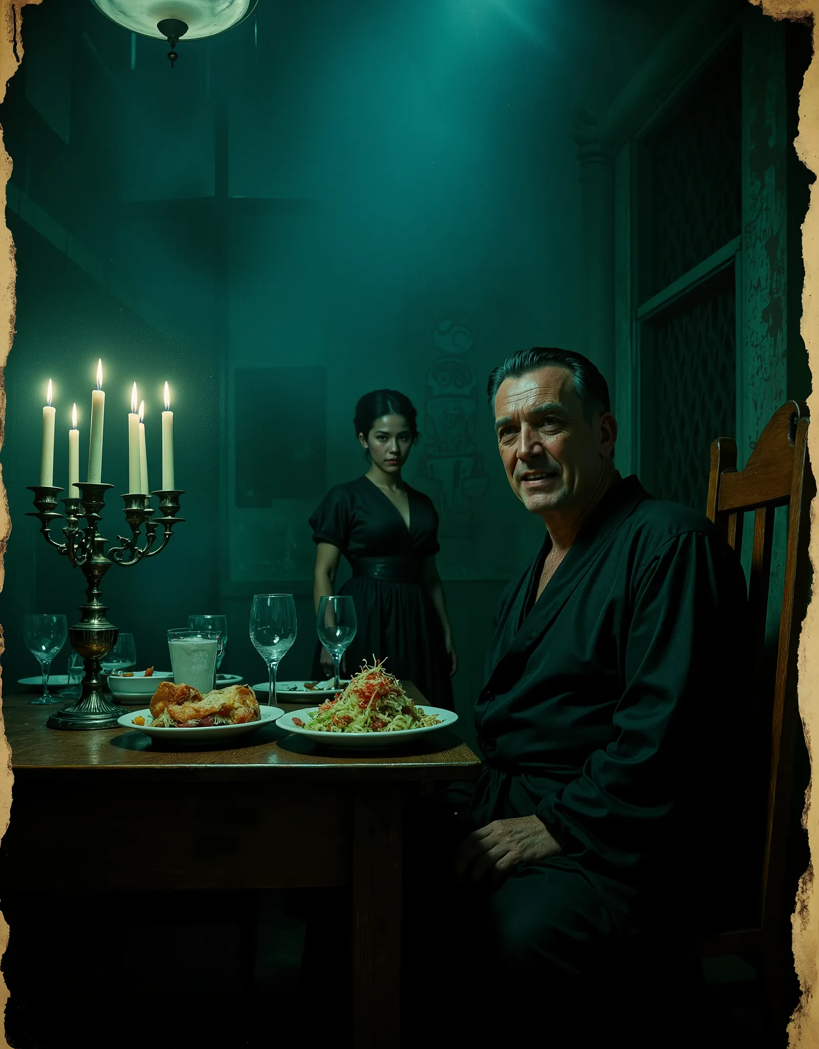 Only two people, the scene takes place in French colonial Indochine in the 1950s, A dimly lit dining room with a wooden table, set with a plate of food and wine glasses, exudes a heavy, melancholic mood. A wealthy but lonely white French man in a robe sits...