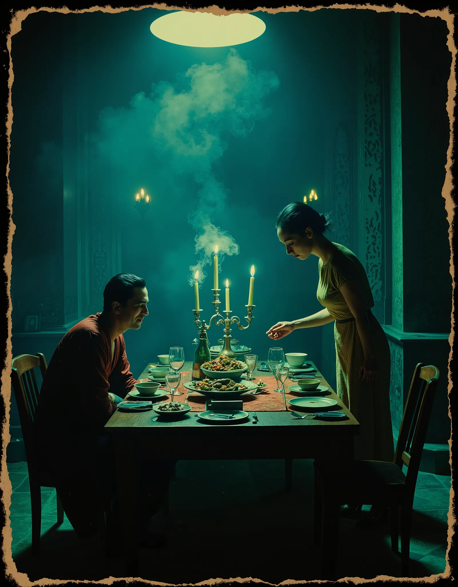 Only two people, the scene takes place in French colonial Indochine in the 1950s, A dimly lit dining room with a wooden table, set with a plate of food and wine glasses, exudes a heavy, melancholic mood. A wealthy but lonely white French man in a robe sits...