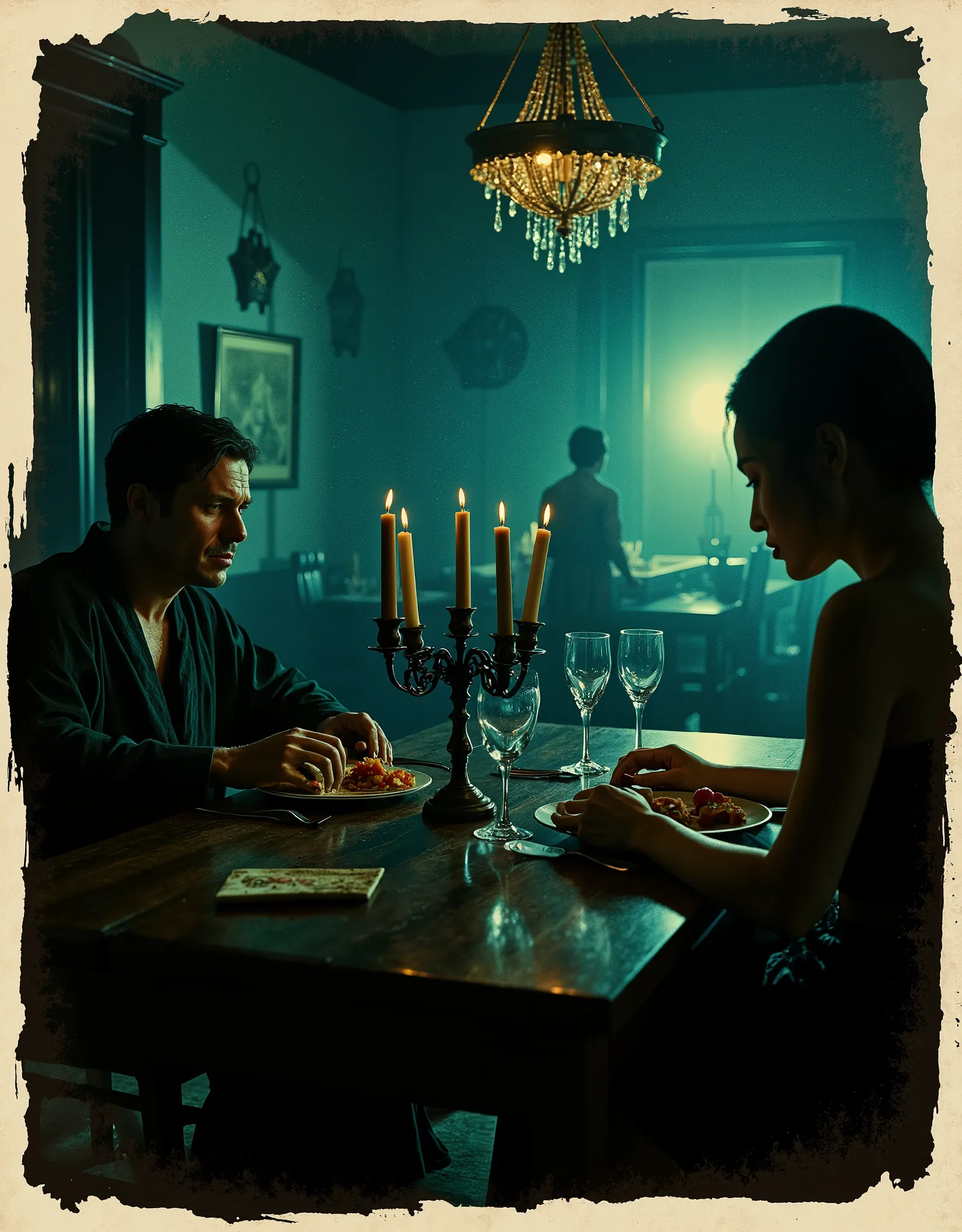 Only two people, the scene takes place in French colonial Indochine in the 1950s, A dimly lit dining room with a wooden table, set with a plate of food and wine glasses, exudes a heavy, melancholic mood. A wealthy but lonely white French man in a robe sits...