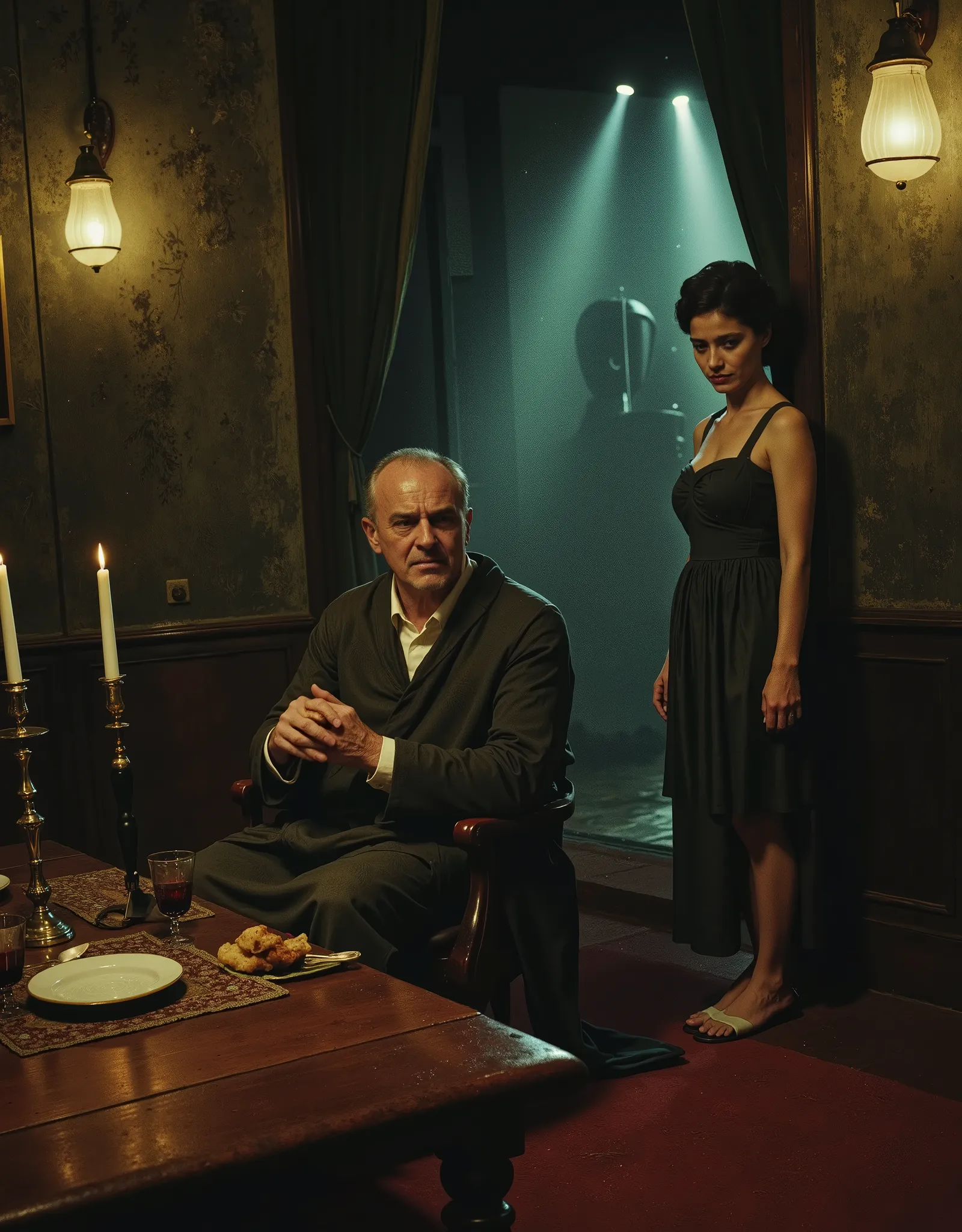 Only two people, the scene takes place in French colonial Indochine in the 1950s, A dimly lit dining room with a wooden table, set with a plate of food and wine glasses, exudes a heavy, melancholic mood. A wealthy but lonely white French man in a robe sits...
