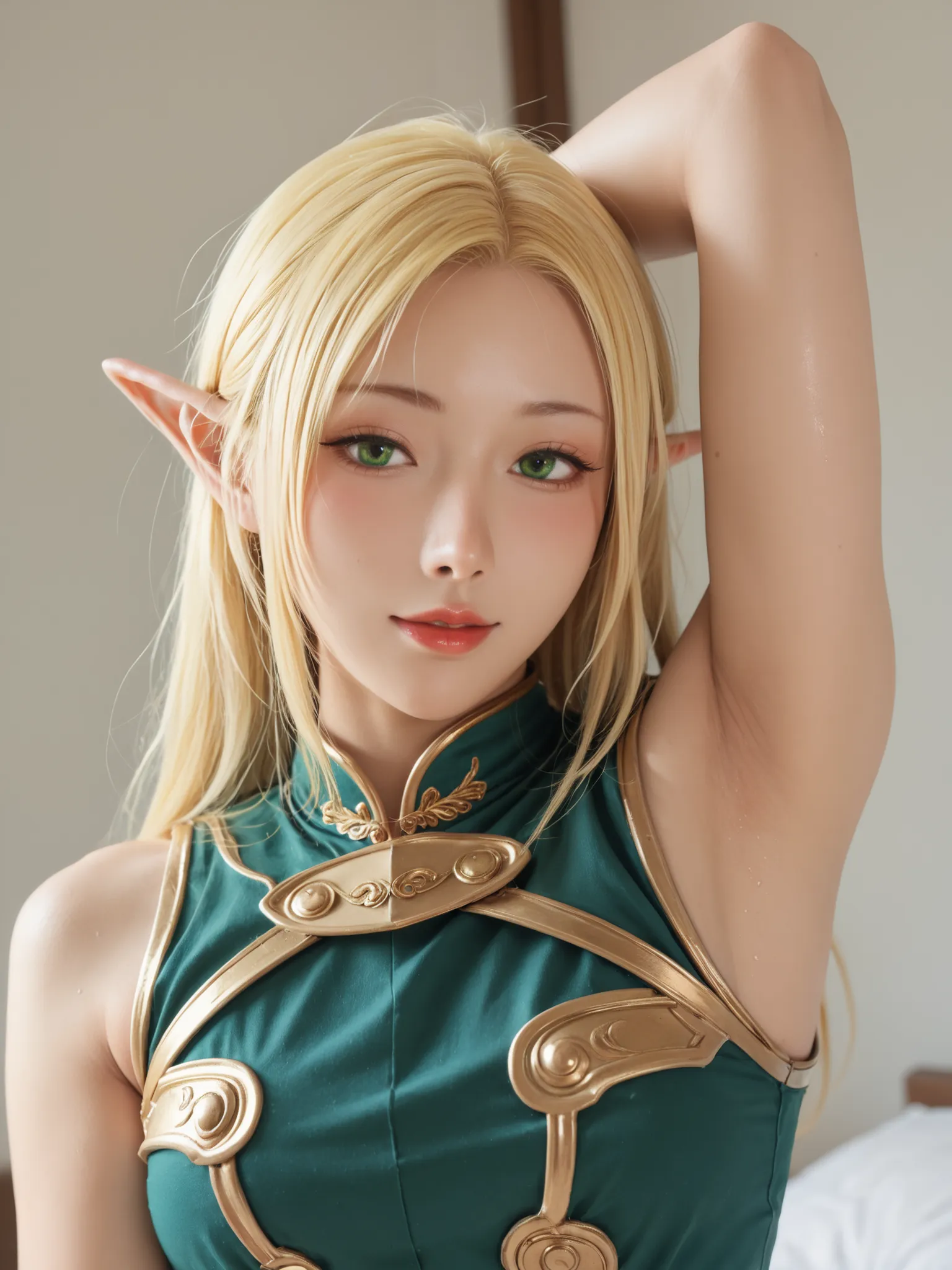 top quality, masterpiece,watching viewers,Show me your armpits,sweat,1girl,deedlit,solo,とがったElf耳,Blonde,Elf,Gold Framed Blue Shoulder Armor,Green Tunic,Deedlit,