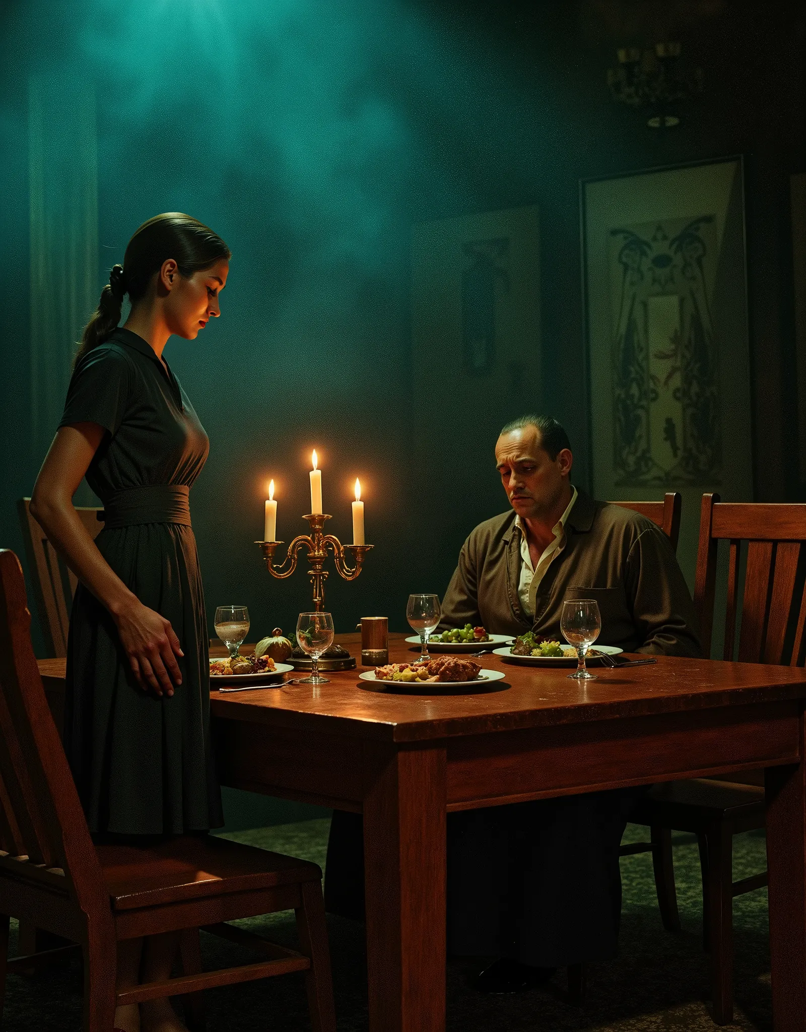 Only two people, the scene takes place in French colonial Indochine in the 1950s, A dimly lit dining room with a wooden table, set with a plate of food and wine glasses, exudes a heavy, melancholic mood. A wealthy but lonely white French man in a robe sits...