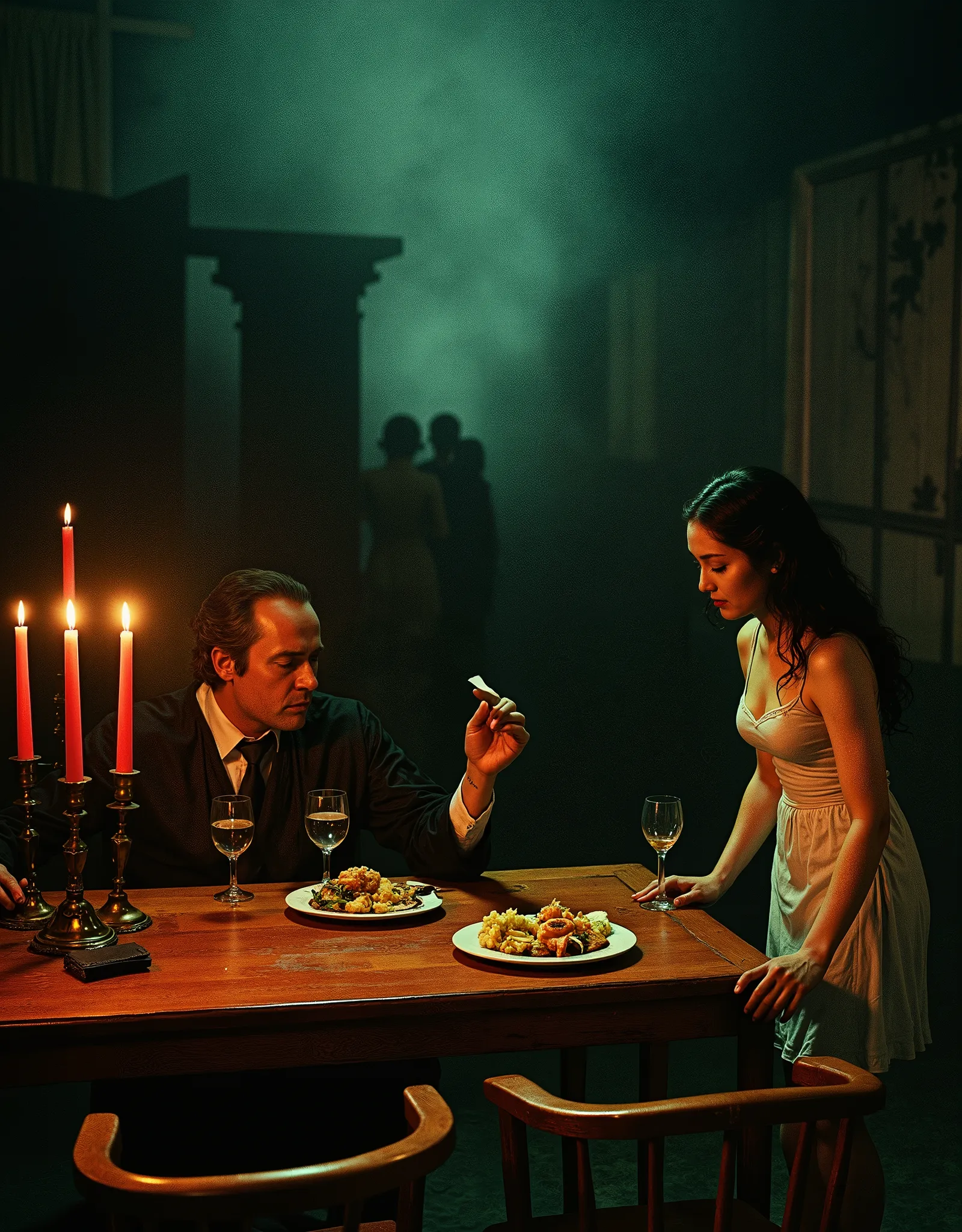 Only two people, the scene takes place in French colonial Indochine in the 1950s, A dimly lit dining room with a wooden table, set with a plate of food and wine glasses, exudes a heavy, melancholic mood. A wealthy but lonely white French man in a robe sits...