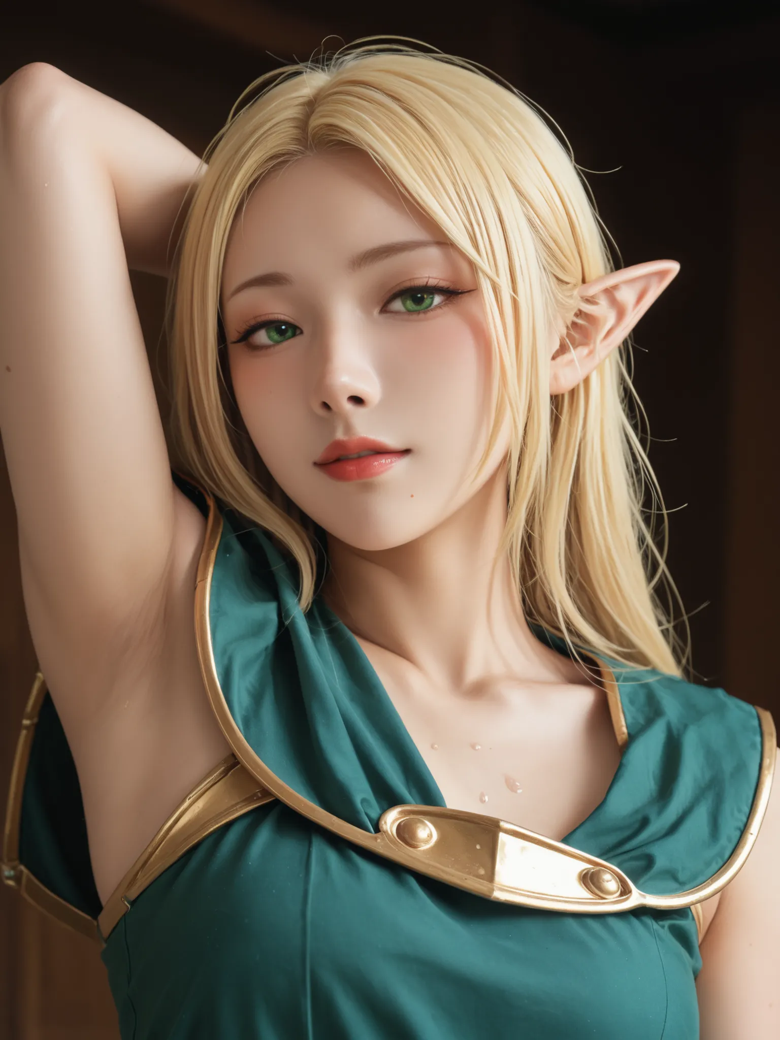 top quality, masterpiece,watching viewers,Show me your armpits,sweat,1girl,deedlit,solo,とがったElf耳,Blonde,Elf,Gold Framed Blue Shoulder Armor,Green Tunic,Deedlit,