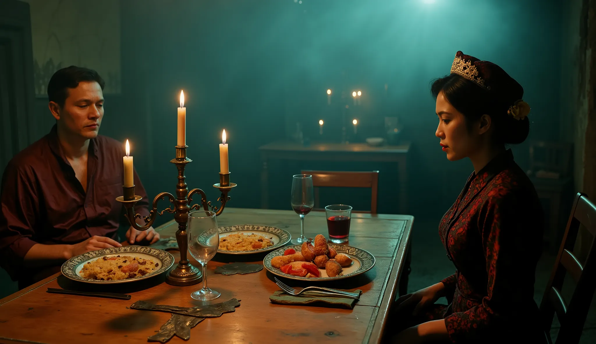 Only two people, the scene takes place in French colonial Indochine in the 1950s, A dimly lit dining room with a wooden table, set with a plate of food and wine glasses, exudes a heavy, melancholic mood. A wealthy but lonely white French man in a robe sits...