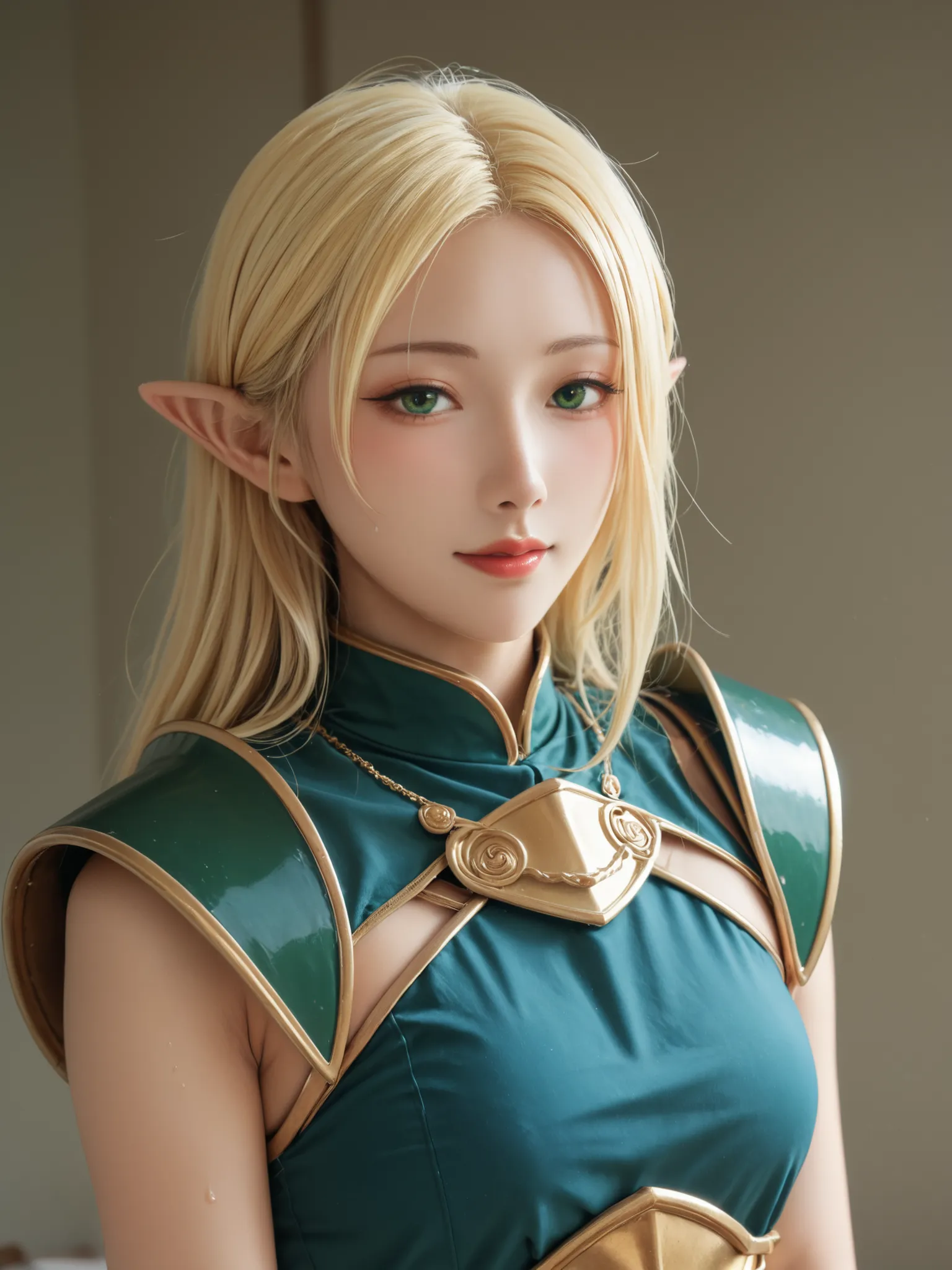 top quality, masterpiece,watching viewers,Show me your armpits,sweat,1girl,deedlit,solo,とがったElf耳,Blonde,Elf,Gold Framed Blue Shoulder Armor,Green Tunic,Deedlit,