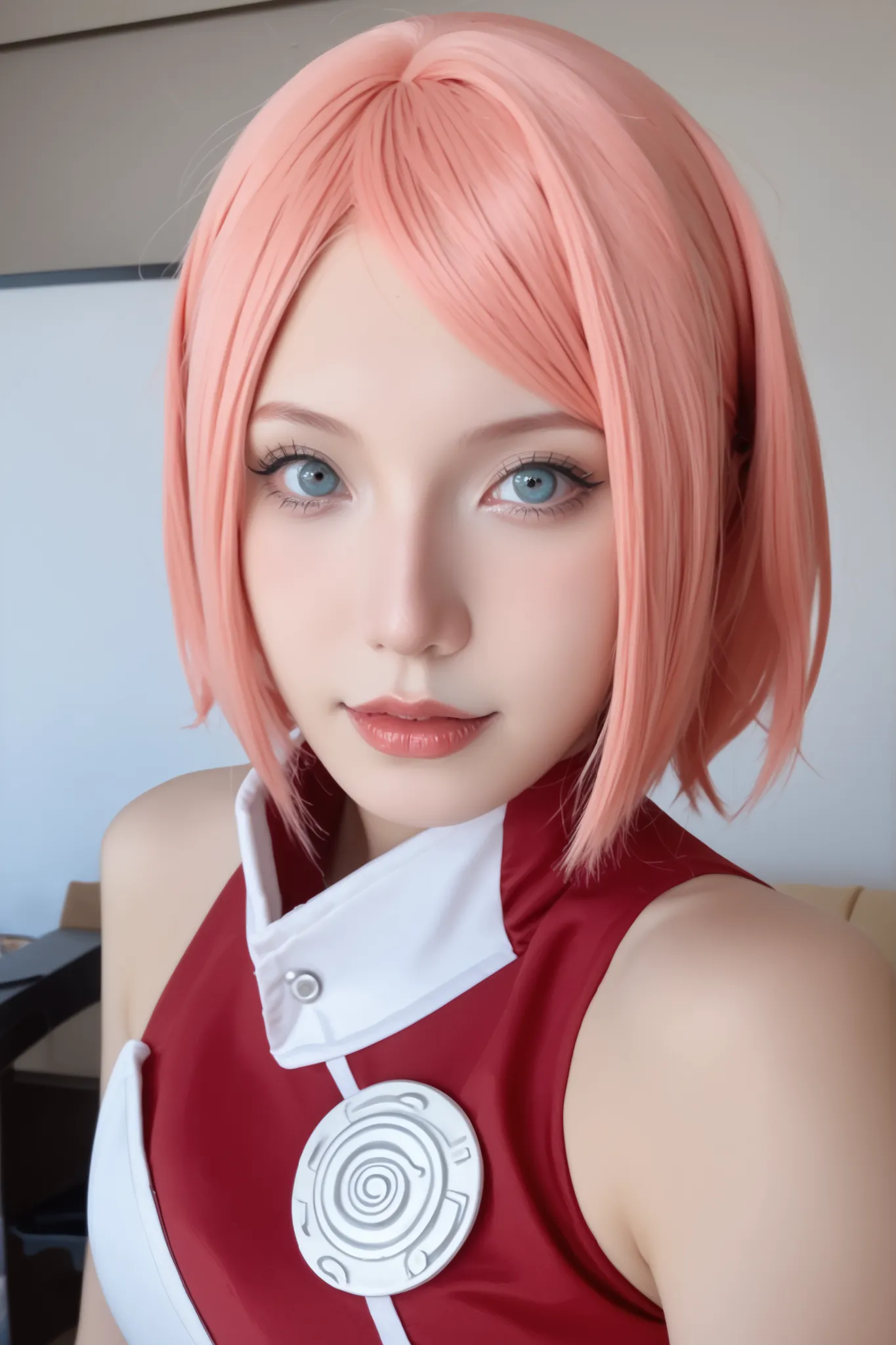 Mulher cosplayer, 18 anos, cosplayer de Haruno Sakura - Naruto , seu grande seio nu, sem roupas, nu completo, seios pequenos 