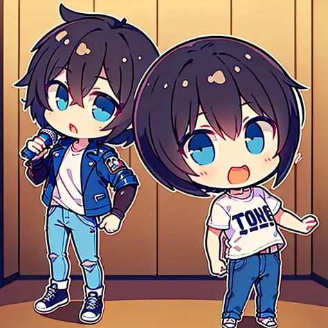 {{masterpiece}}, {{best quality}}, {Super Detailed}, chibi, (黒い髪),((Very Short Hair)) ((one boy)), (leather jacket), (white t-shirt), ( jeans), ((blue eyes)), (Full Body), (Full Body), ((singer)), (Singing), ((I'm wearing a hat)), ((Waiting for microphone)...
