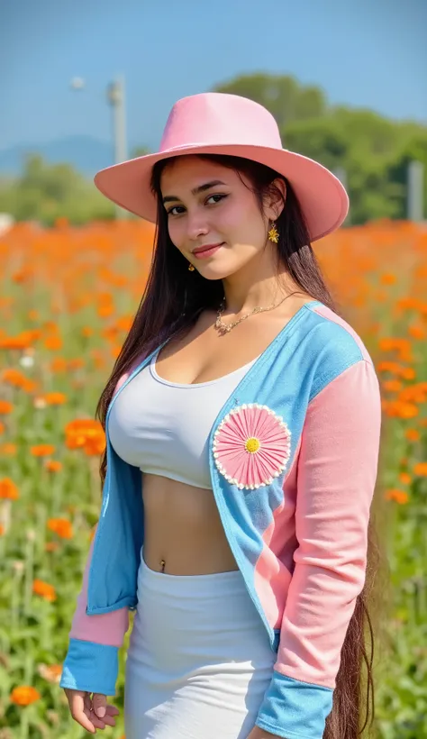 32k, Masterpiece, Top Quality, (Korea's Beautiful Women) Pink cowboy hat, blue and pink cardigan, white skirt, star earrings, flower fields, orange cosmos flowers, soft lighting, pastel colors, cottagecore aesthetic, spring, outdoor portrait, braided hair,...