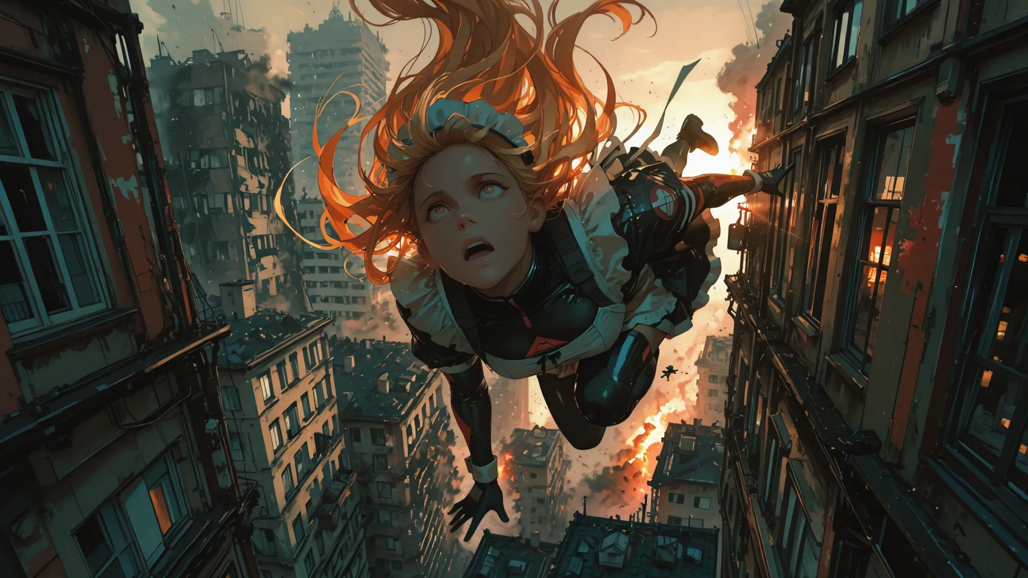 flying anime superhero maid saving collapsing building midair, dramatic urban disaster scene, civilians looking up with awe, intense lighting, flowing hair, powerful stance, maid-inspired tactical superhero outfit, cinematic composition --v 6 --ar 16:9 --s...