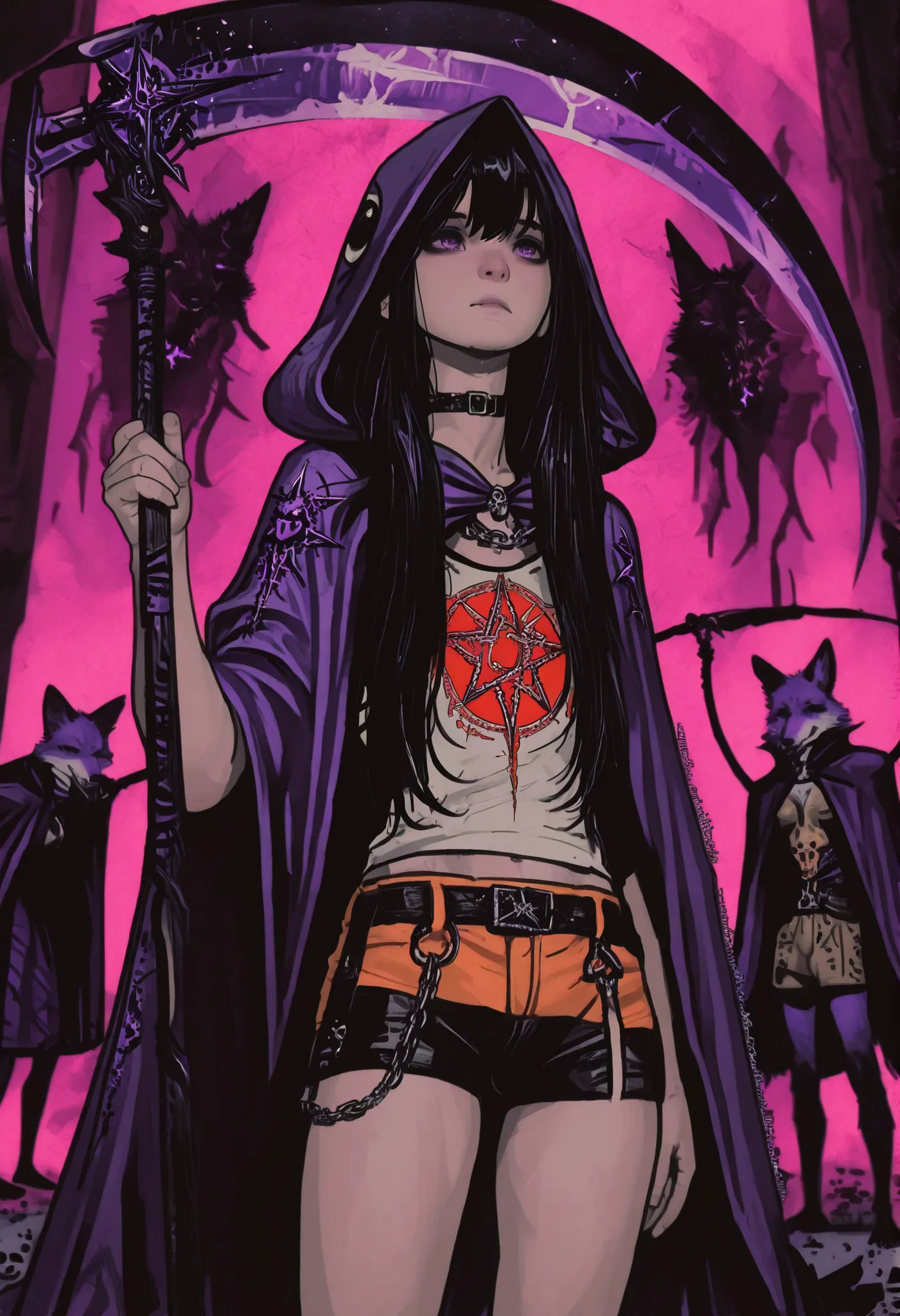 That he wears slightly long hair and that he grips a scythe with a fox design while looking straight ahead, that he is young, of a normal physique and black hair and purple eyes, that he wears a hooded cape and shorts surrounded by chains, decorating his c...