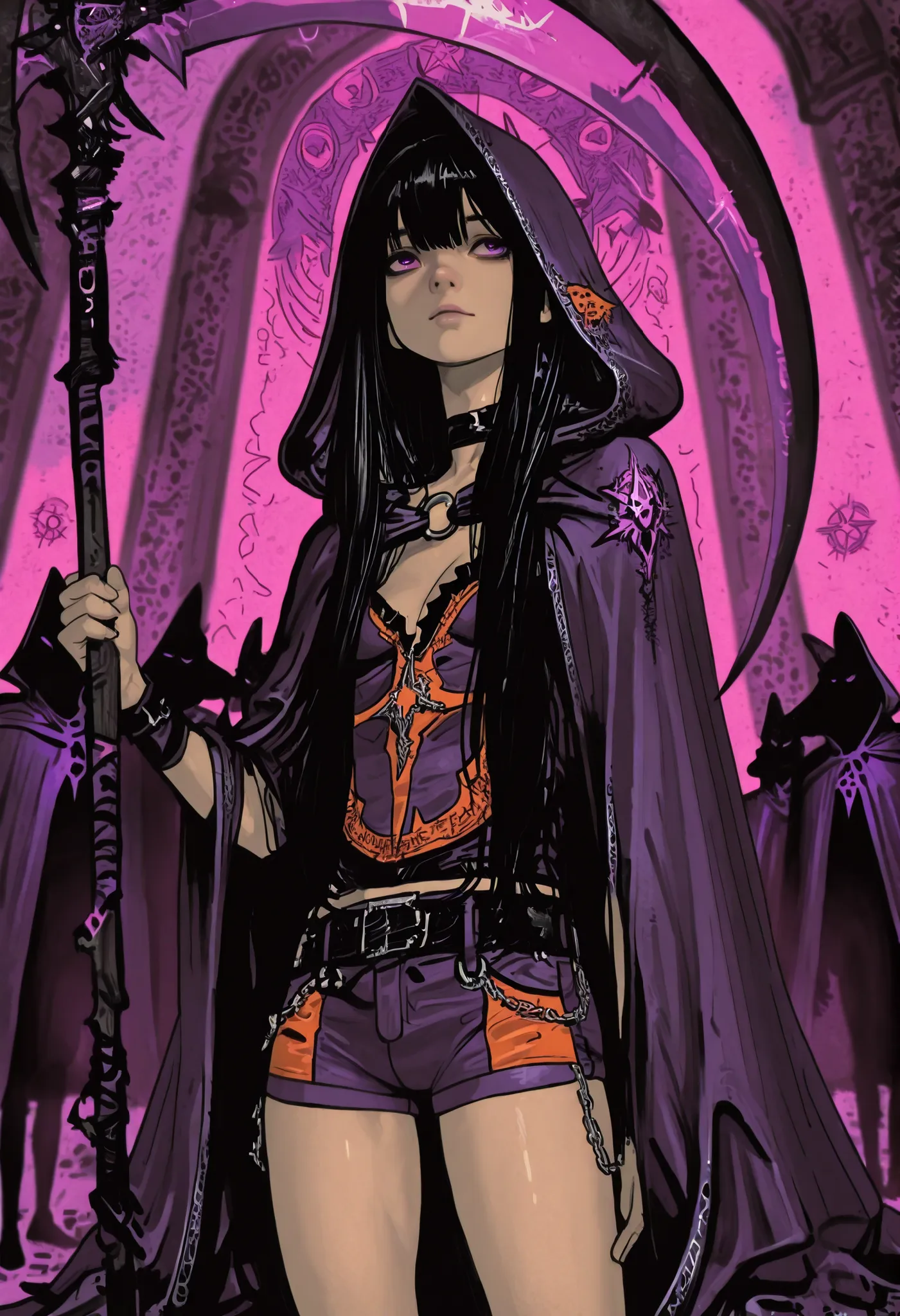 That he wears slightly long hair and that he grips a scythe with a fox design while looking straight ahead, that he is young, of a normal physique and black hair and purple eyes, that he wears a hooded cape and shorts surrounded by chains, decorating his c...