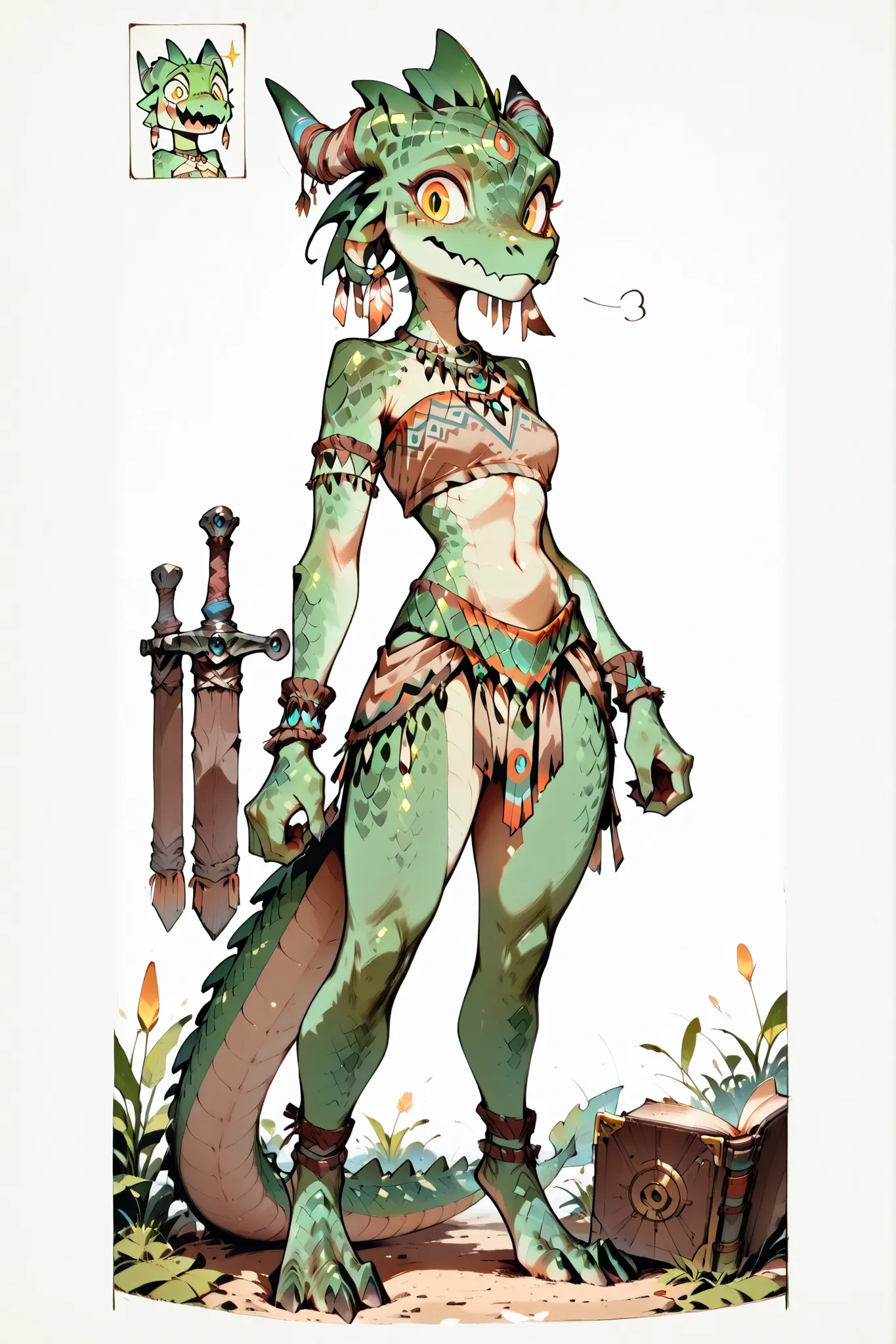 ( solo female, green skin, green scales, (((Kobold)), (detailed kobold)) small breasts , wearing a adventure equipament , a tribal clothes,  character design, a old book in his hands