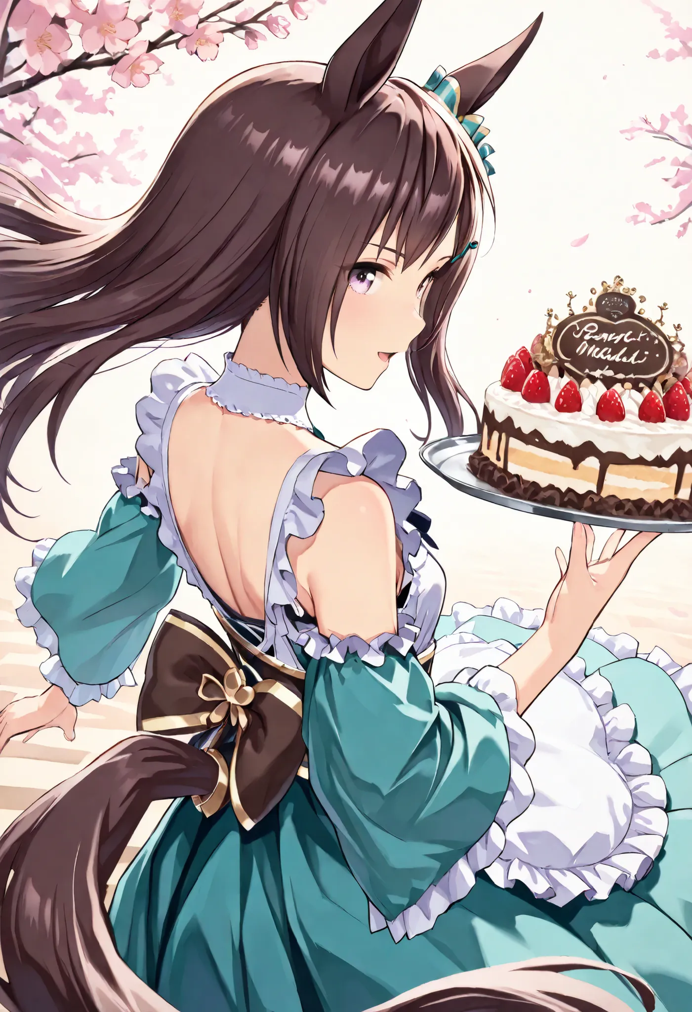 (masterpiece, best quality, perfect face:1.4), Vibrant colors, Ukiyo-e style, wide angle, mejiro dober \(umamusume\), 1girl, floating hair, horse ears, ear ornament, horse tail, tail on the lower back, proportional body, proportional, beautiful hair, beaut...
