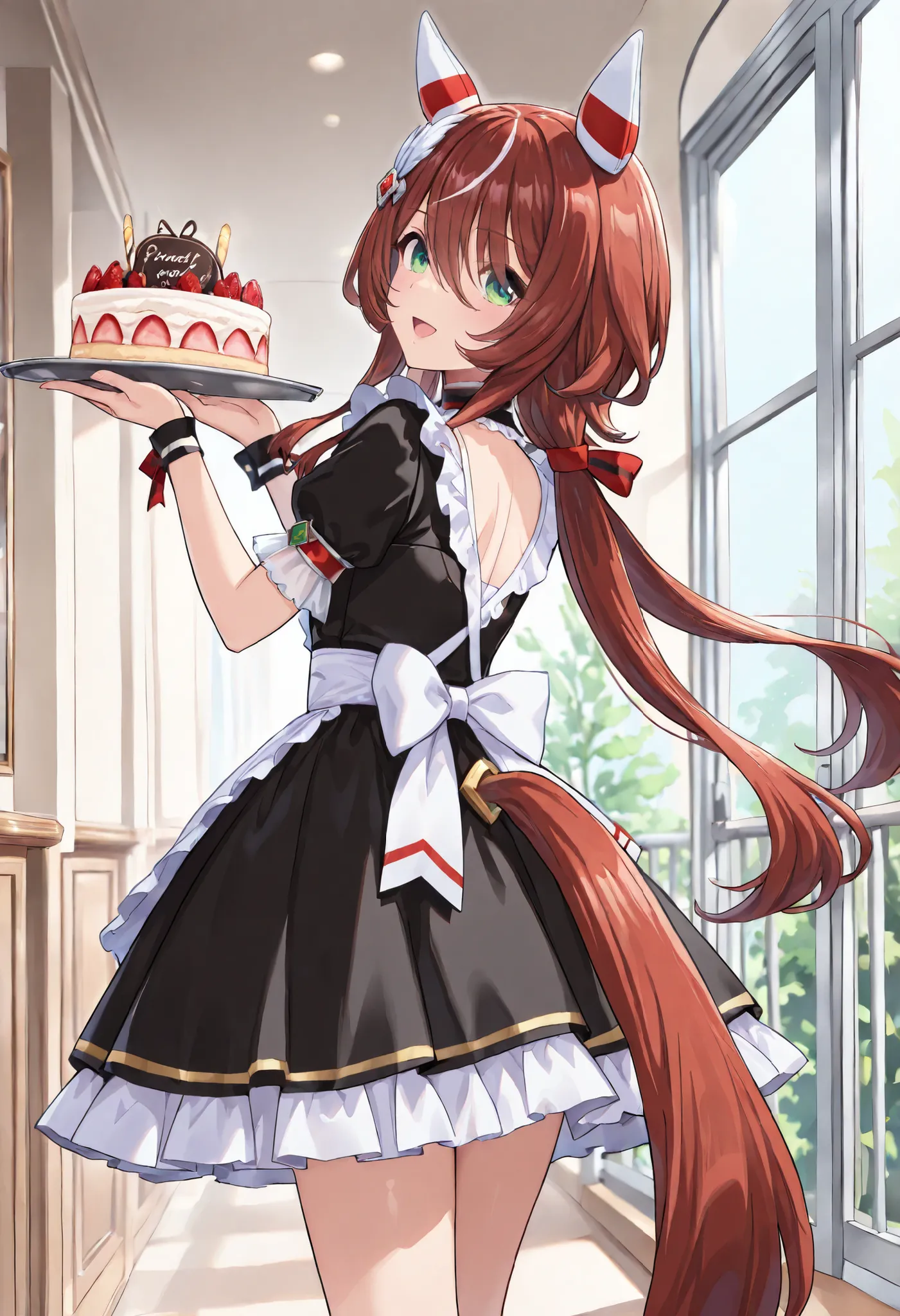 (masterpiece, best quality, perfect face:1.4), wide angle, win variation \(umamusume\), 1girl, feather hair ornament, two-tone ear covers, horse ears, horse tail, tail on the lower back, proportional body, proportional,1 girl, beautiful hair, beautiful fac...