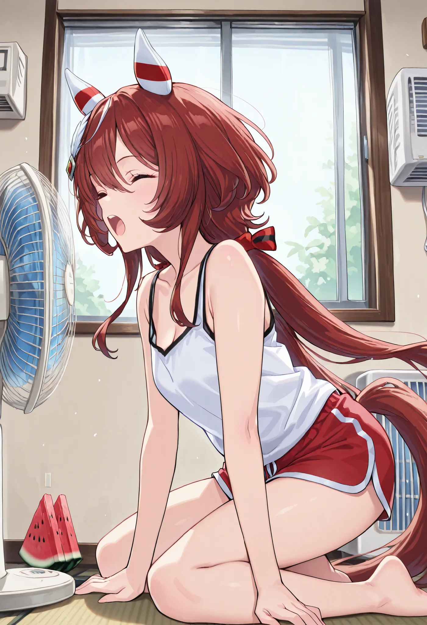 (masterpiece, best quality, perfect face:1.4), wide angle, win variation \(umamusume\), 1girl, feather hair ornament, two-tone ear covers, horse ears, horse tail, tail on the lower back, proportional body, proportional,1 girl, beautiful hair, beautiful fac...