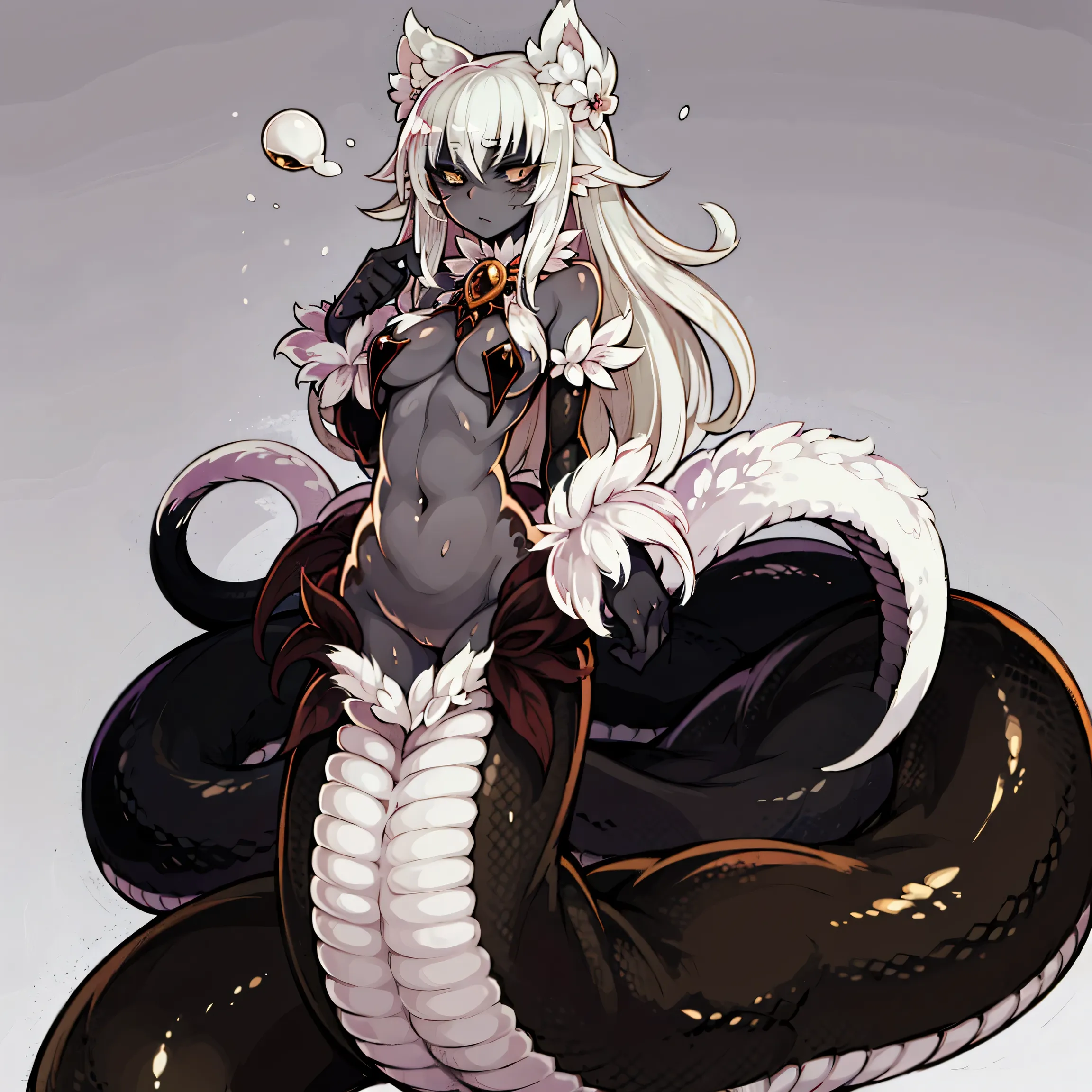 Lamia、Cat ear、Dark brown skin、Gray Hair、The back of a snake with white hairs、Black snake belly、Delicate face、Black eyeball、up