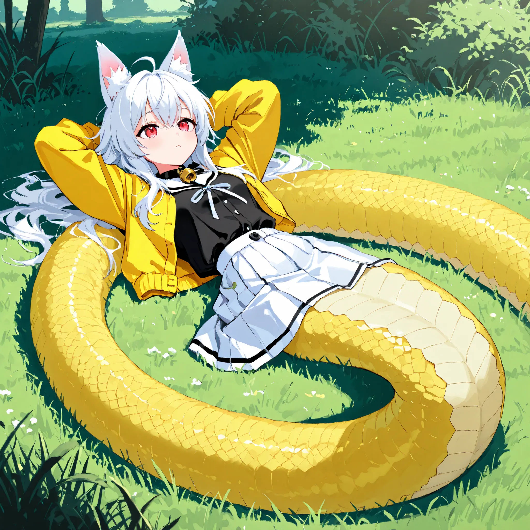 score_9, score_8_up, score_7_up, 1girl, white hair, red eyes, bell collar, black shirt, yellow jacket, white skirt, fox ears, lamia, (yellow scales:1.2), tail, 4k, 8k, 16k, full body, best quality, laying on grass, outside, (hands behind head), PonyScores