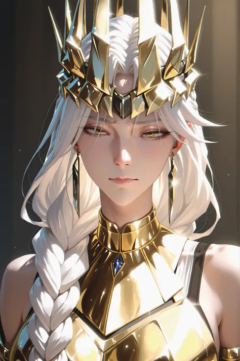  Queen  (Being a hero x),, masterpiece,, best quality,, vista frontal,, long white hair, double braided hair,, golden yellow eyes,, Great ,,  escote sexy ,, crown of golden thorns on the head, Gold earrings  ,, gold collar armor,,  white tank top ,, Gold a...
