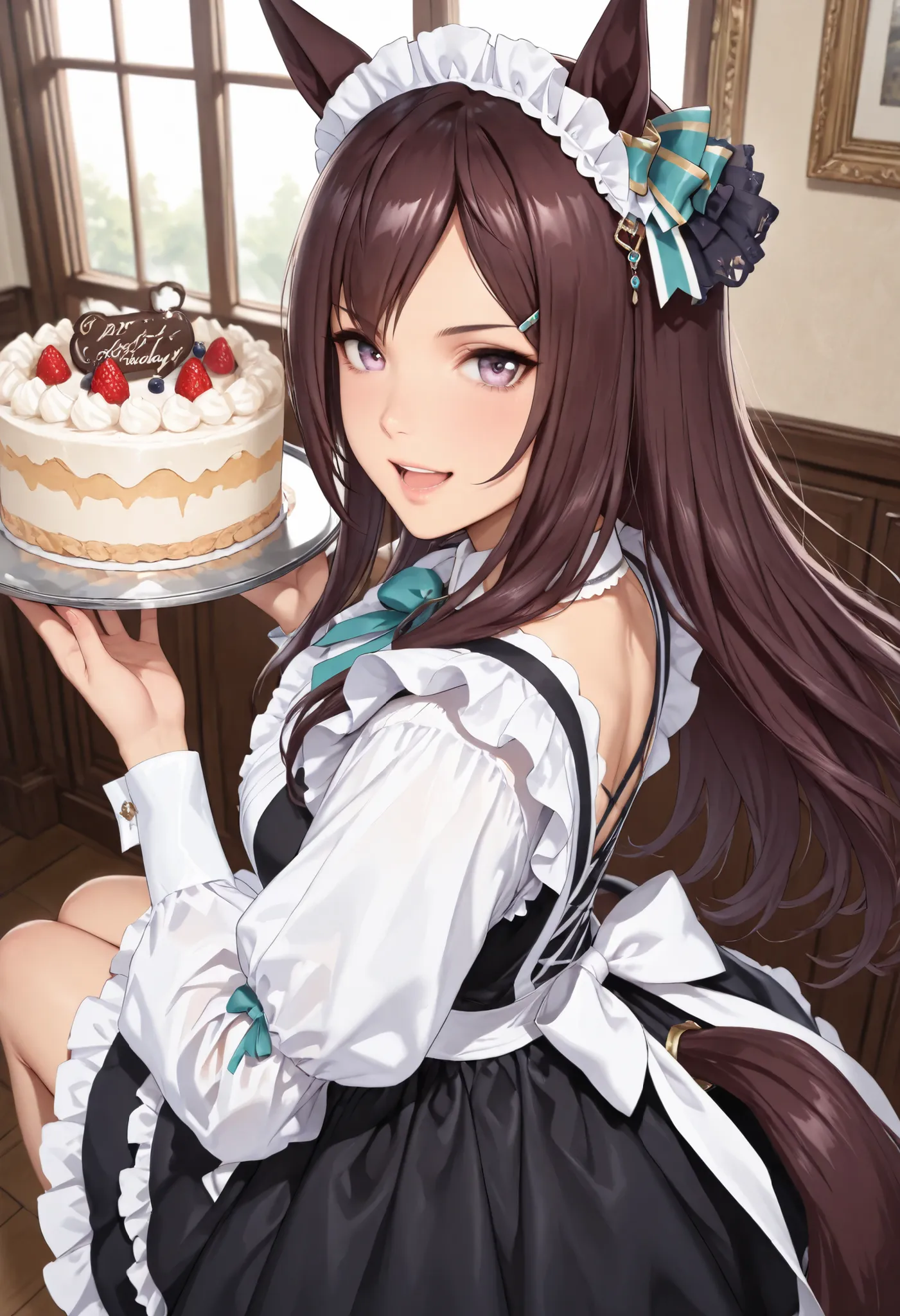 (masterpiece, best quality, perfect face:1.4), wide angle, mejiro dober \(umamusume\), 1girl, floating hair, horse ears, ear ornament, horse tail, tail on the lower back, proportional body, proportional, beautiful hair, beautiful face, beautiful detailed e...
