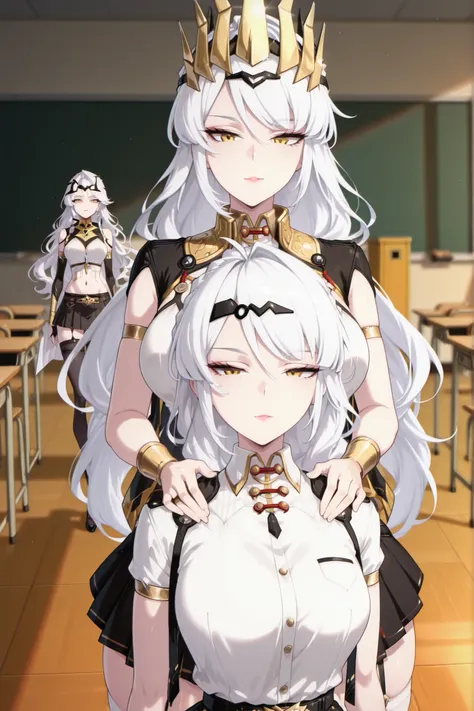 two_girl's,, two_character's,, 748cm ,  First character , golden crown of thorns, Queen_(being a hero x) swept bangs, choke, white hair,  braid, golden eyes,  braid doble, long hair, chests,, rupture,,  second character ,, Headband, Do_Xuan_(zzz), golden e...