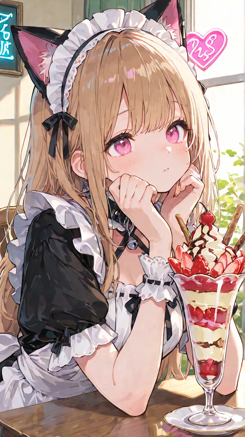 Cute,748cmstyle,,(masterpiece:1.2, top quality), (beautiful detailed eyes: 1.2), ((1 Beautiful Girl)),  (beautiful background:1.2), (Highly Detailed CG, Super Detailed),(very detailed and beautiful:1.1), (perfect detail:1.1),   I have a cat ear barmaid、ふわふわのcat ear headbandとpogroveを身につけ、可愛らしいtea cupで紅茶を注いでいる。背景には柔らかなindirect lightingと「cat bar」のNeon Signが光り、A decorated parfait is placed on my desk。温かくcharmingな雰囲気。
  cat ear headband、pogrove、Maid Outfit、tea cup、indirect lighting、Neon Sign、parfait
 Cute、 warm、charming