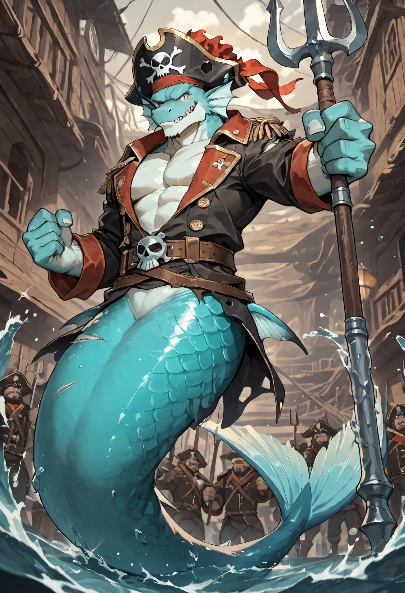 Athlete body, commission for high res, anthropomorphic, there is a merman, (crew), adult man, furry, wearing pirate crew, crew, pensioner, holding trident, scales and fins on his body, fight stance, holding trident, (solo), (alone), (pirate crew), sidekick...