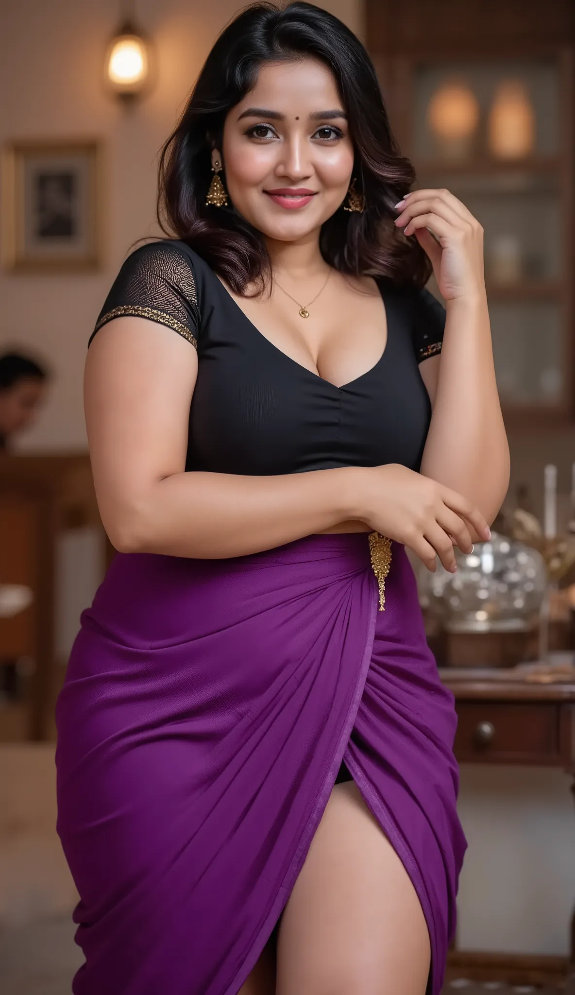 Full body show , front body show, looking to camera, In a homely setting, A naughty and curvaceous light fair skin tone  25-year-old woman in exposing attire, wearing purple elegant saree Anatomically Correct, legs, side view , show her navel and waist(fro...