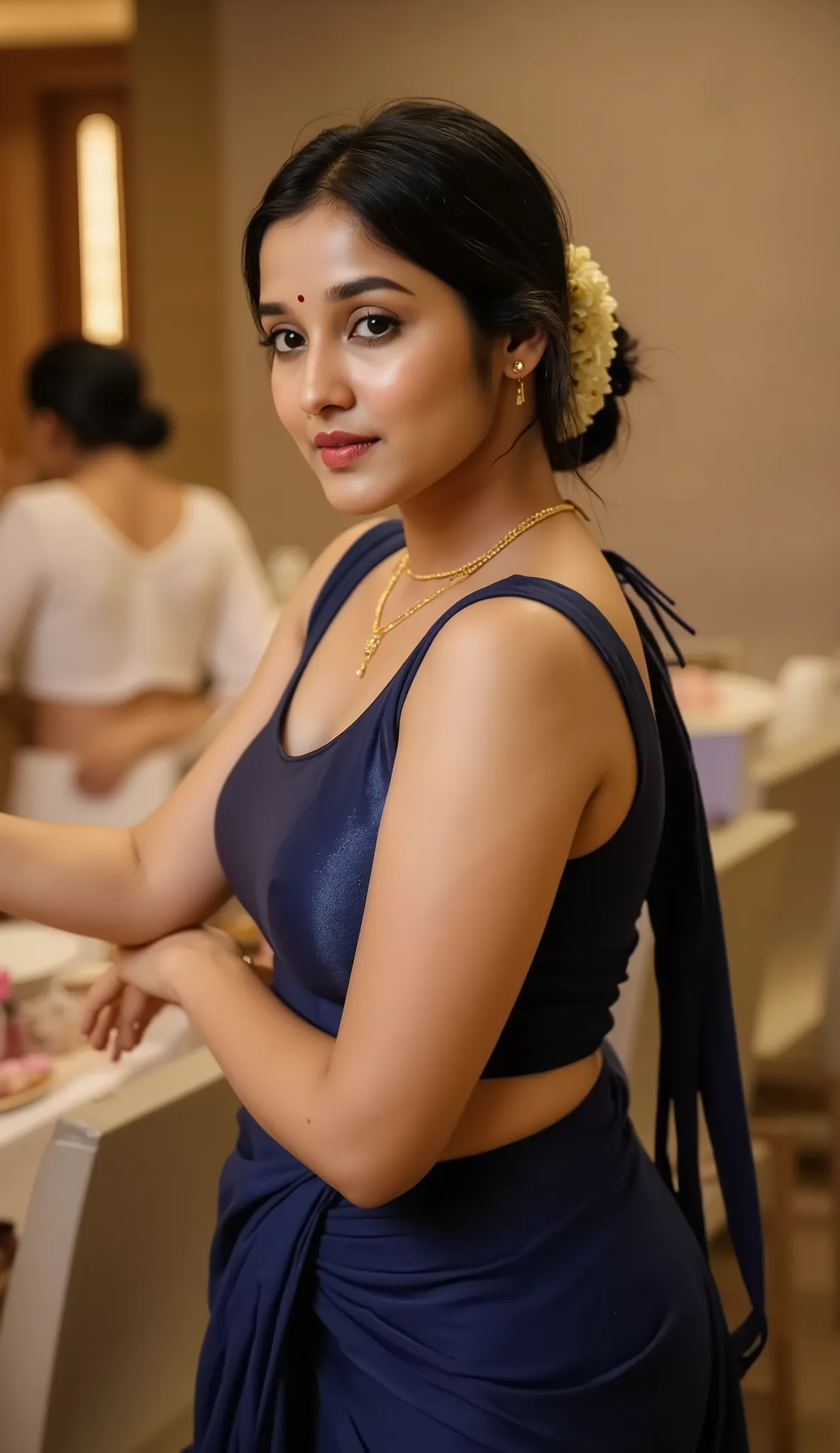 “A beautiful Indian woman standing indoors, wearing a deep navy blue saree with a sleeveless matching blouse, facing backwards and looking over her shoulder with a soft confident expression. She has tied her hair in a low bun adorned with white jasmine flo...