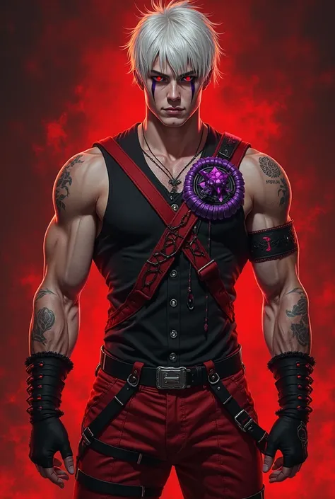 Create a realistic image based on this description: The image shows a male character with a strong and muscular aesthetic, dark and stylized alternative, Here are the main visual details:

* **Cabelo**: Branco, Short and messy, aesthetic with bangs coverin...