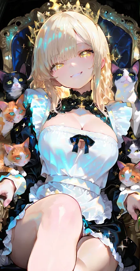 solo,bangs,eye ,sparkle,looking at viewer,glowing,eyelashes,748cmstyle,748cmstyle,,(masterpiece:1.2, top quality), (beautiful detailed eyes: 1.2), ((1 Beautiful Girl)),  (beautiful background:1.2), (Highly Detailed CG, Super Detailed),(very detailed and beautiful:1.1), (Perfect Details:1.1), cute young maid girl wearing a crown, sitting on a throne, surrounded by several cats, wearing a mini skirt and an open-chest top, large breasts, smiling, crossed legs, Composition viewed from below