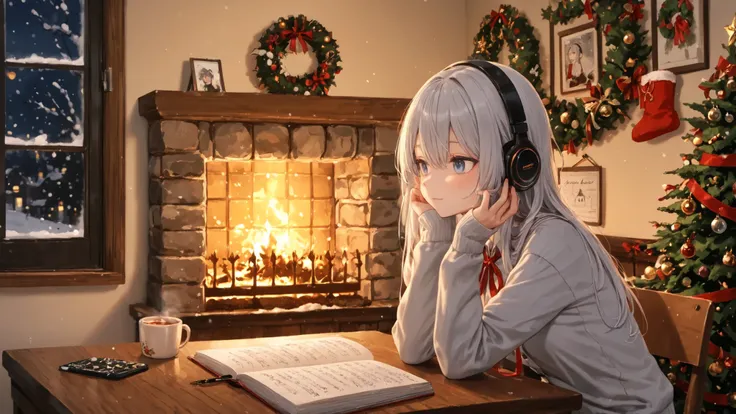 A delicate anime girl with long ash-gray hair and a red ribbon tied at the end, sitting at a wooden desk in a warmly lit room. She wears soft headphones and writes slowly in a Christmas-themed journal while music plays. The fireplace crackles nearby, and b...