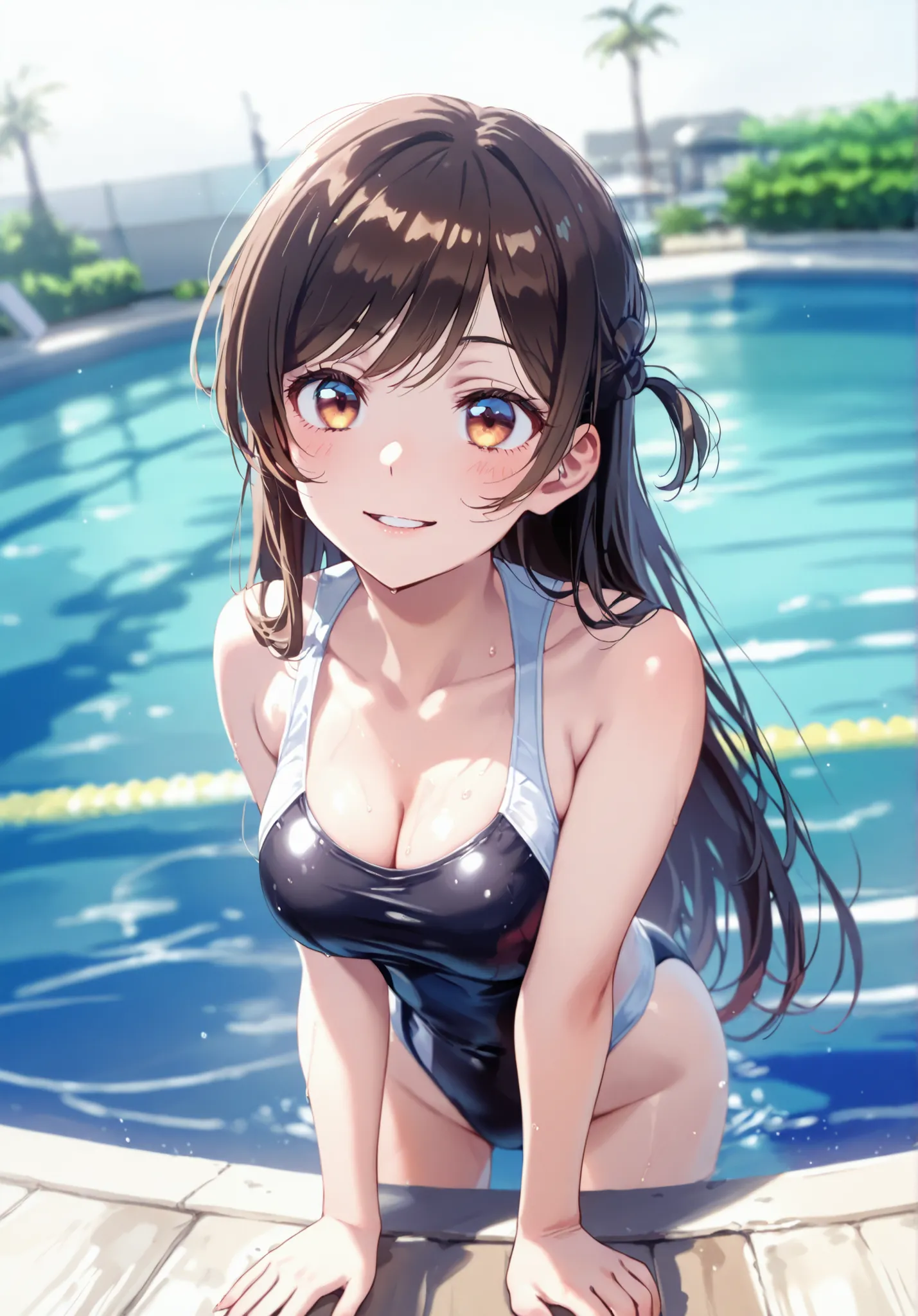 open mouth:1.2,half-crosed eyes:1.4,Light orange and brown and gradation eyes:1.3,happiness:1.3 light smile:1.3,Very detailed、masterpiece、４K,competitive swimsuit,parted lips:1.2,Mizuhara Chizuru