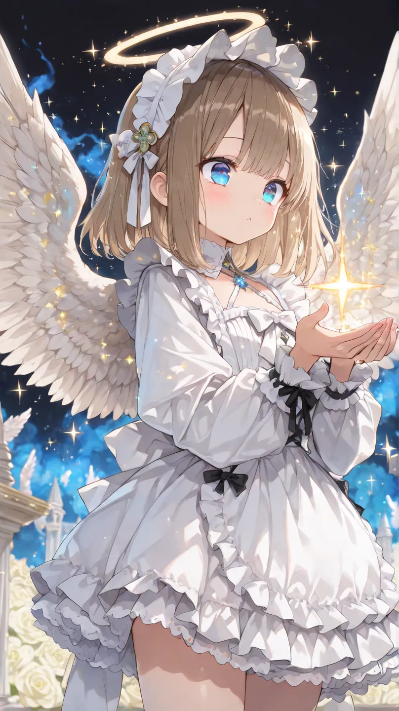 epic, sparkle, particles , glowing,ember,Cute,748cmstyle,(masterpiece:1.2, top quality), (beautiful detailed eyes: 1.2), ((1 Beautiful Girl)),  (beautiful background:1.2), (Highly Detailed CG, Super Detailed),(very detailed and beautiful:1.1), (Perfect Details:1.1),One Maid Girl with Angel Wings　White Gothic Lolita Maid Outfit　watching viewers　white short bob　miniskirt　blue eyes　hairpin　glitter effects　god々 atmosphere　可愛ら atmosphere　やさ atmosphere　