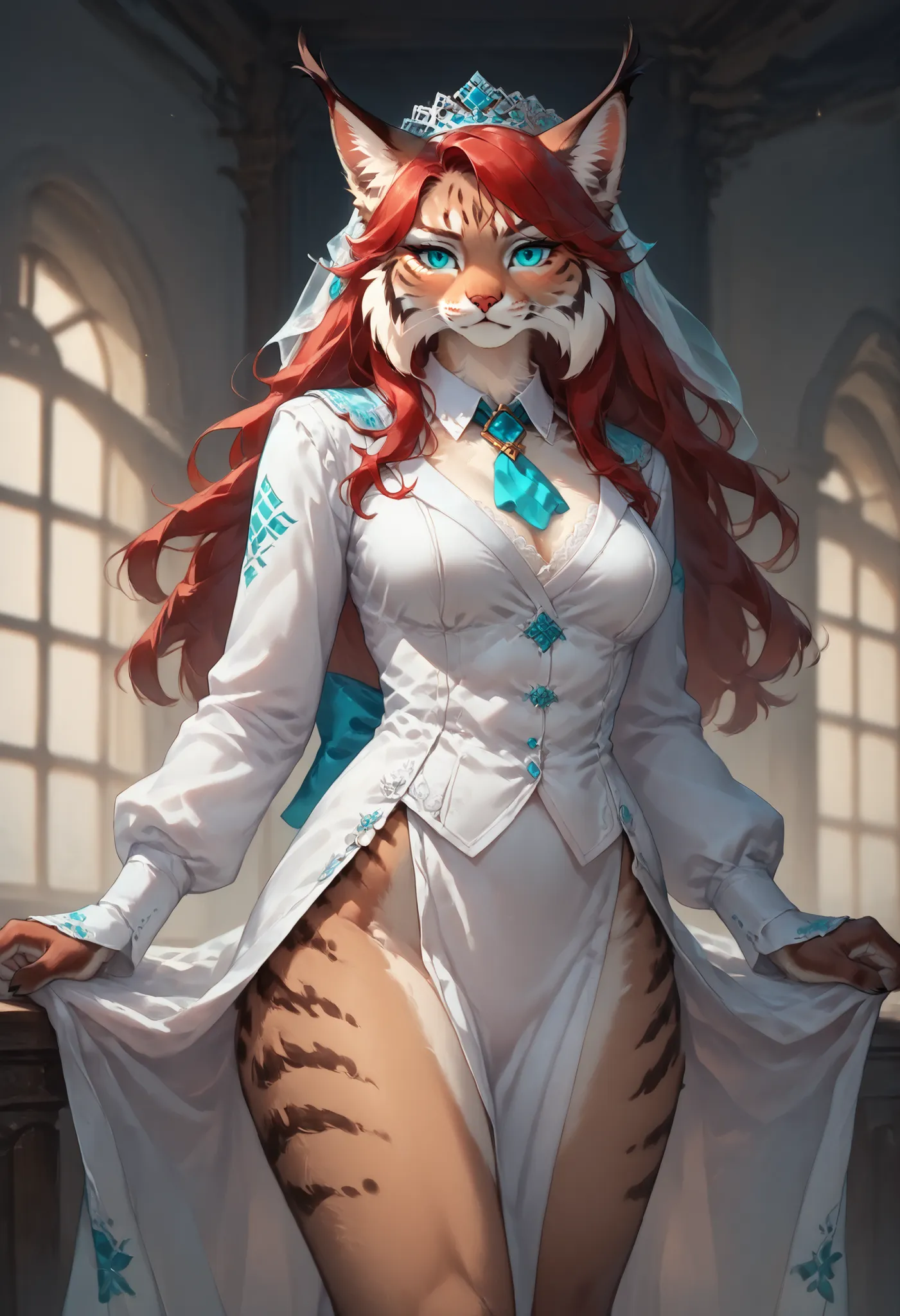 emberlynx, female anthro lynx, anime newest artstyle, long red hair, brown body, turquoise eyes, subtle abs, cybermaid clothes、Cyber Headband、Cyber Knee High Socks、mechanical prosthesis、I wear a black eyepatch on my right eye、My thigh is a flesh-colored ar...