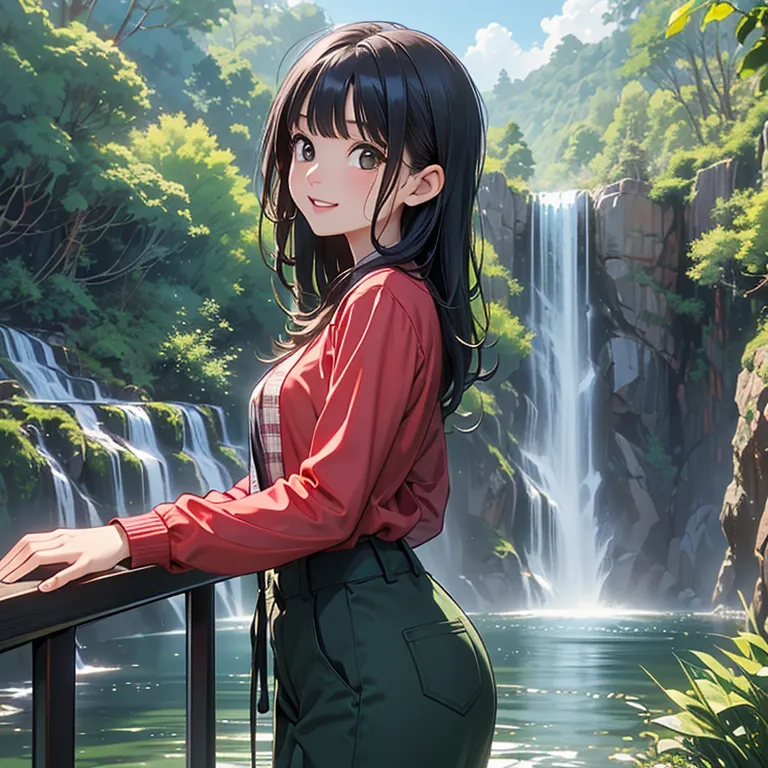 ((top quality)),((amazing)),(details),young girls,1girl,One person、upper body、using an oxygen pump、long hair、brown eyed girl 、(((An observatory where you can see a spectacular waterfall in the immediate vicinity)))、((in a deep green forest、Watching the spectacular waterfall from the middle of the observatory、handrails on the observatory))、(((Waterfall with a height of about 100ｍModerate waterfall、One waterfall with plenty of water))),watching the water flowing down、Surrounding area is a starry night surrounded by trees 々is overgrown and the majesty of the waterfall stands out),Smile Yang。((The red check long sleeve、light green trekking pants))、非常にdetailsなCG、（Perfect hands、Five Fingers、perfect finger、Perfect Arms、Perfect Anatomy)