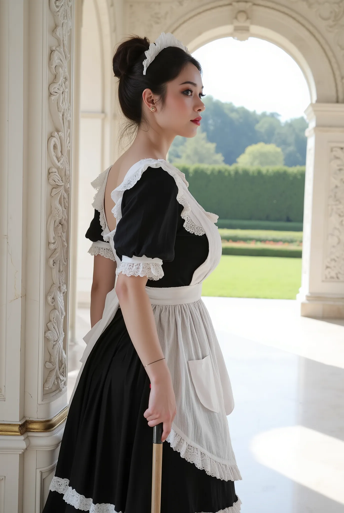 A woman wearing a maid turns her back with a long-handled broom、and look here、Muscular and glamorous body、heavy makeup、Glossy thick lips、glossy red lips、dark haired、messy bun hairstyle、simple earrings that are small in the ears。The background is a gorgeous...