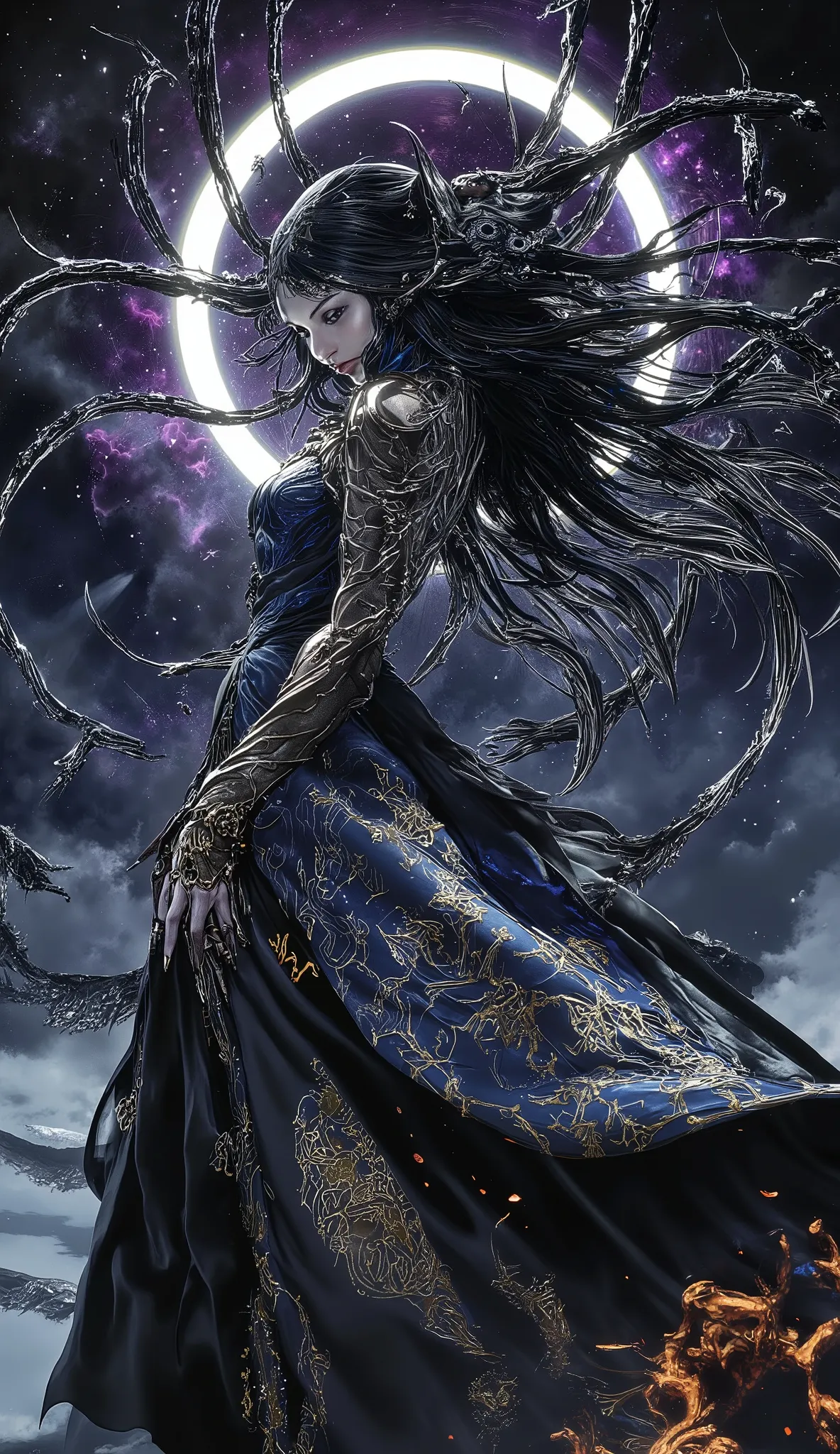crazy woman， Embroidered long pants，duration，has a serious facial expression，heels，Ikeda Manae，uses a very detailed and dynamic style, 32K A majestic, ethereal figure emerges amidst a swirling, crowned with living darkness that radiated from the her head l...