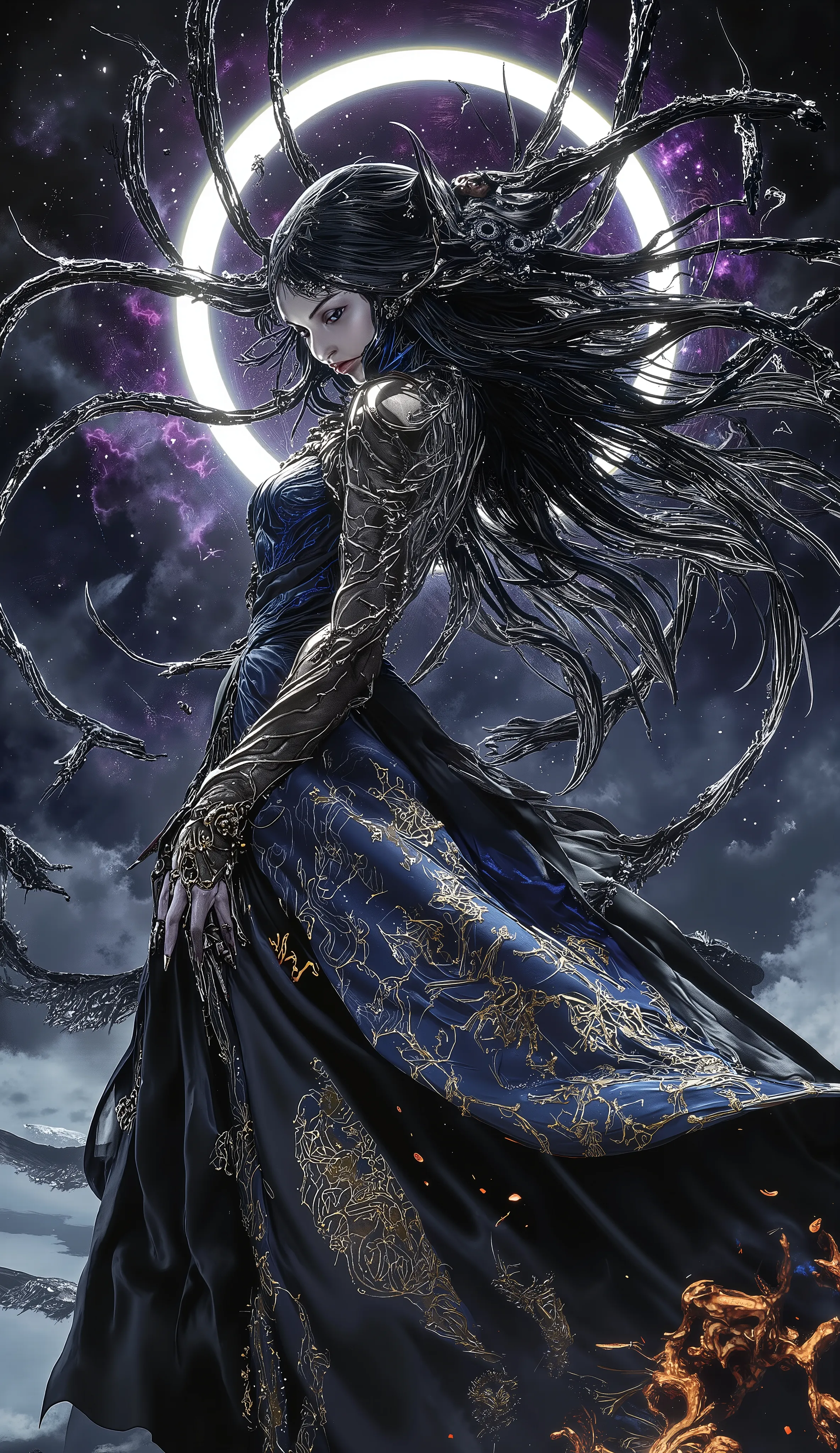 crazy woman， Embroidered long pants，duration，has a serious facial expression，heels，Ikeda Manae，uses a very detailed and dynamic style, 32K A majestic, ethereal figure emerges amidst a swirling, crowned with living darkness that radiated from the her head l...