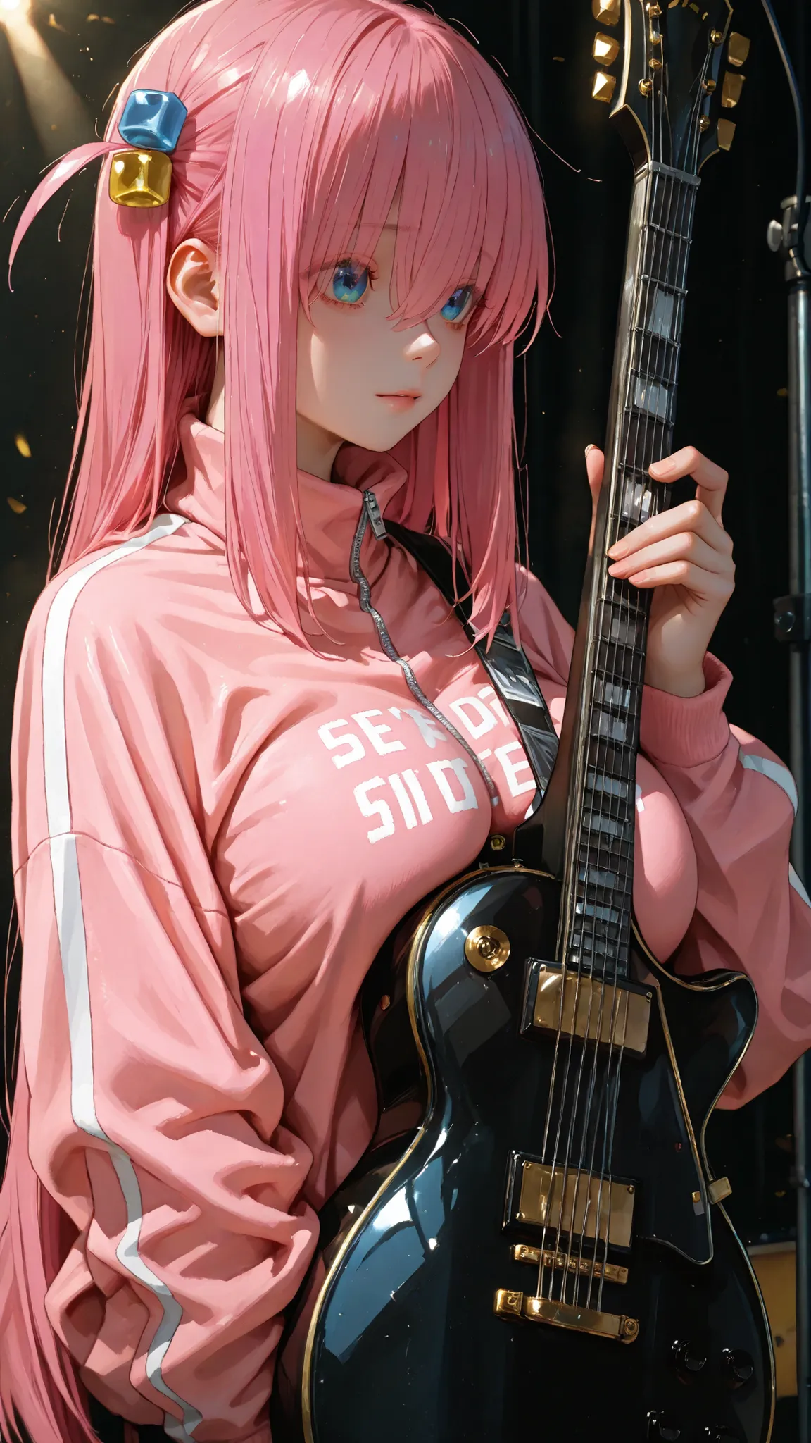 Gotoh_Hitori, pink hair, blue eyes, eyes visible through hair, long hair, hairclips、single girl、17 years old、wearing a jersey、Black guitar（Gibson's Les Paul custom)When I'm playing、big boobs、Bandman girl、Live House Stage、photorealistic、Realistic、masterpiec...