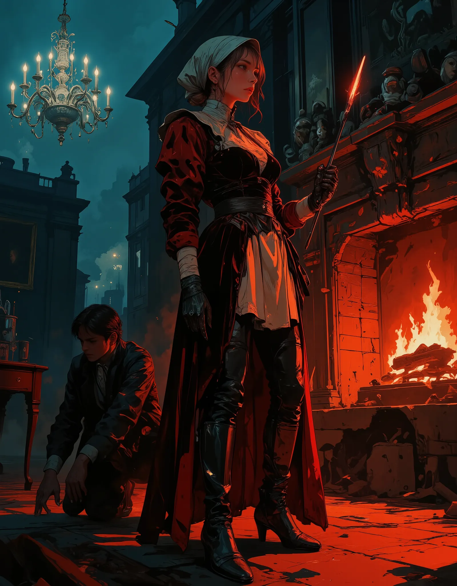 A tall maid in crimson velvet bows politely beside the fireplace, a glowing poker in hand. Her hair is wrapped in a silk bonnet, her boots polished like mirrors. A terrified guest kneels behind her. The chandelier above flickers with static as her eyes fla...