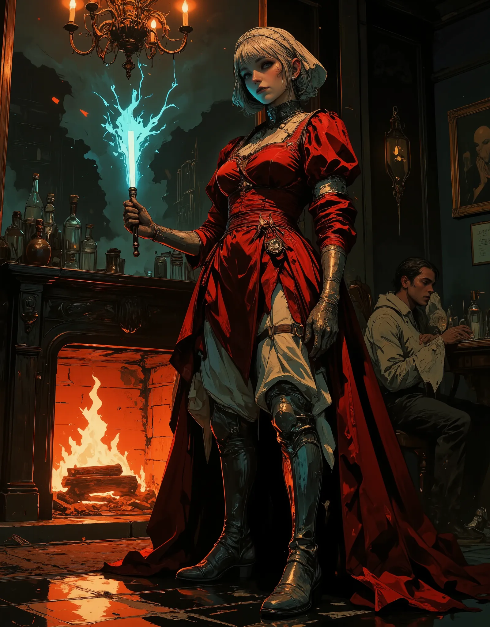 A tall maid in crimson velvet bows politely beside the fireplace, a glowing poker in hand. Her hair is wrapped in a silk bonnet, her boots polished like mirrors. A terrified guest kneels behind her. The chandelier above flickers with static as her eyes fla...