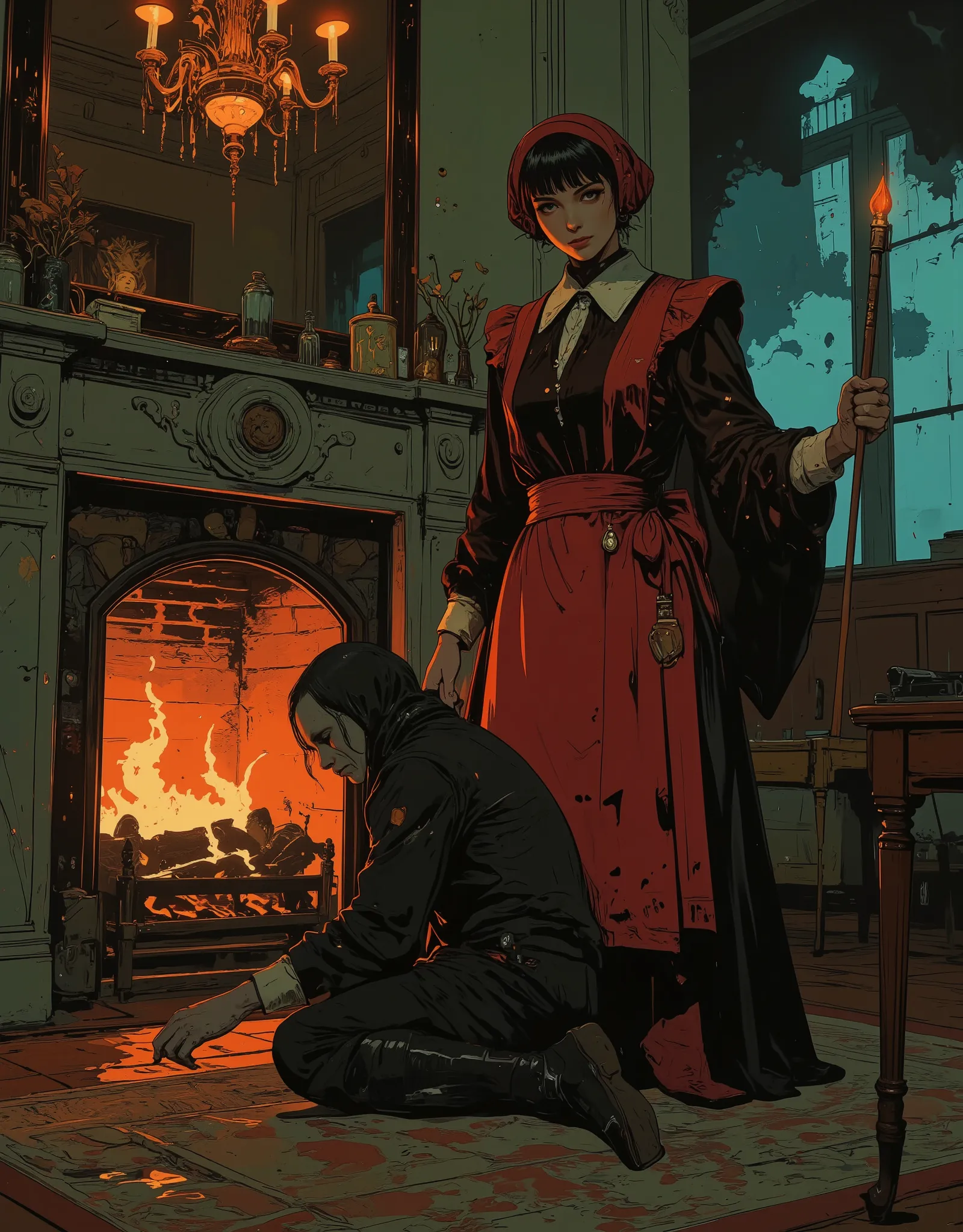 A tall maid in crimson velvet bows politely beside the fireplace, a glowing poker in hand. Her hair is wrapped in a silk bonnet, her boots polished like mirrors. A terrified guest kneels behind her. The chandelier above flickers with static as her eyes fla...