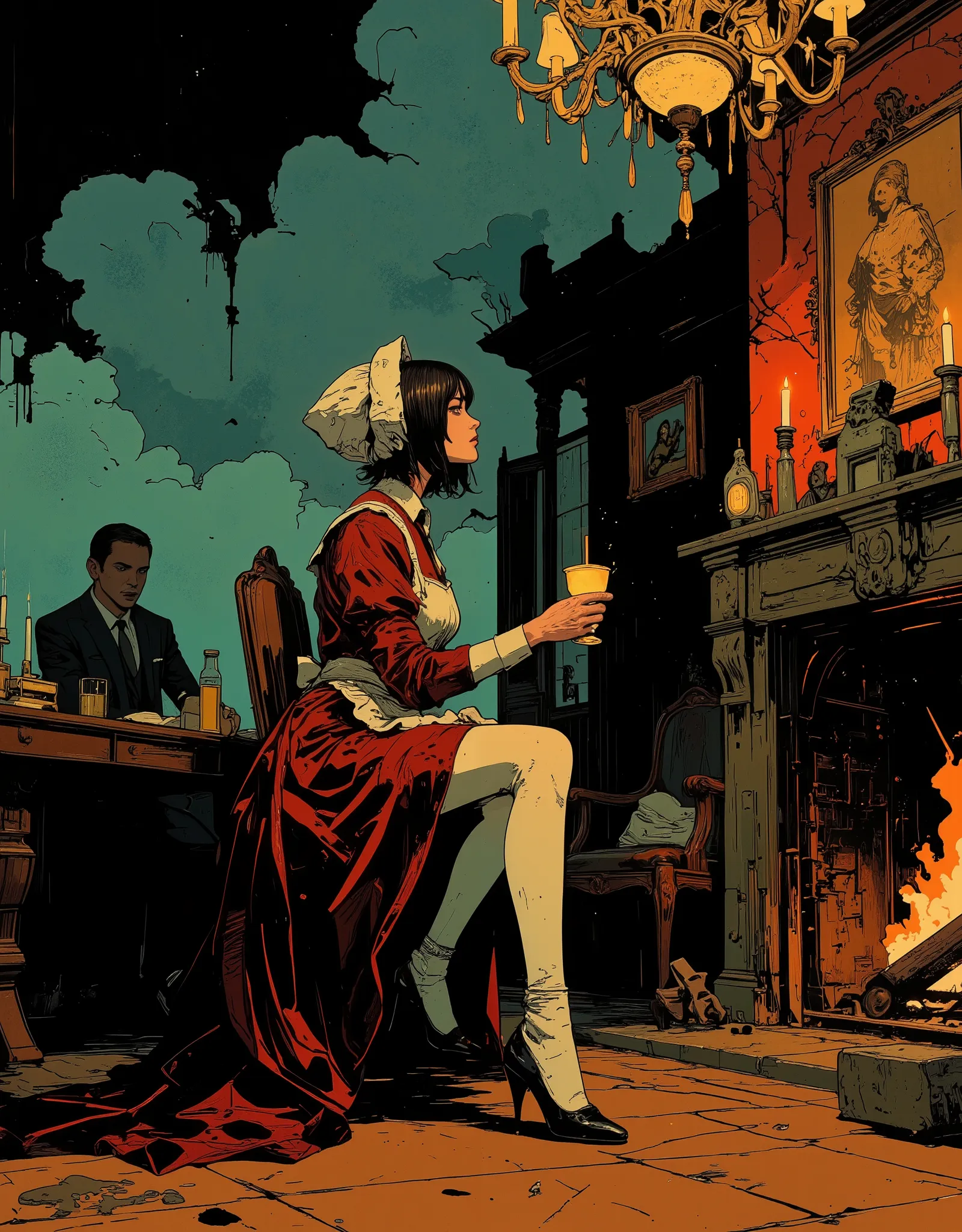 A tall maid in crimson velvet bows politely beside the fireplace, a glowing poker in hand. Her hair is wrapped in a silk bonnet, her boots polished like mirrors. A terrified guest kneels behind her. The chandelier above flickers with static as her eyes fla...