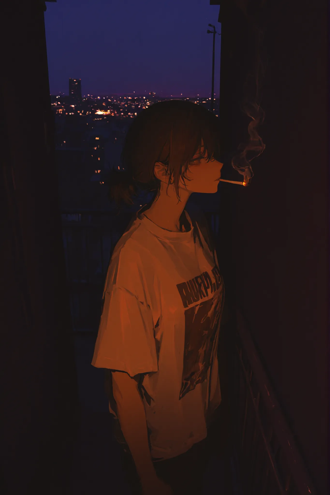 7481llu,high quality, Flat Composition ,Professional grade , bust, t-shirt, night outside the city, A girl standing on the balcony of a distant building, standing on the balcony,   single ponytail hairstyle, Hand Cigarette, Behind the protagonist is the su...