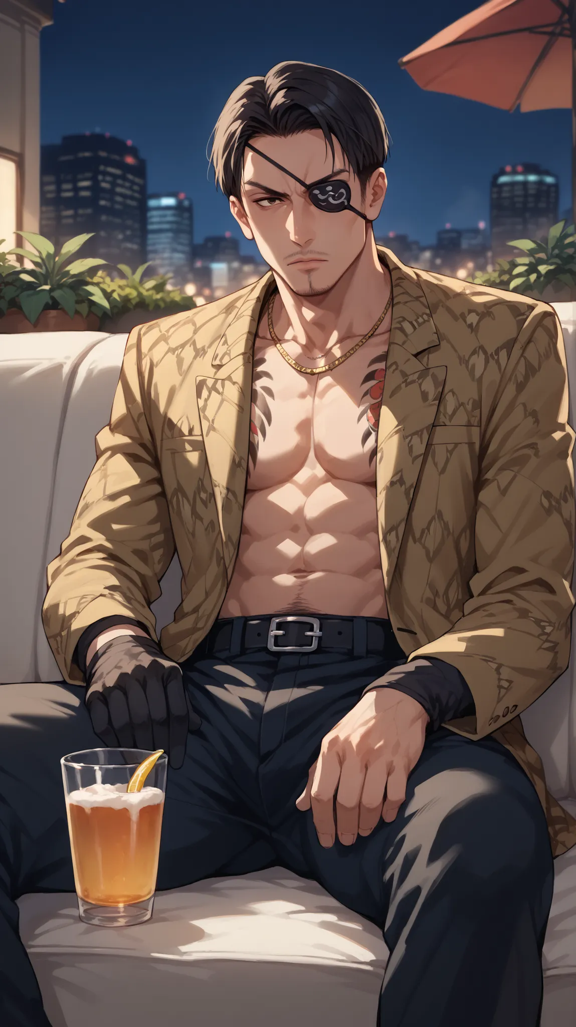 1 man, mature man, close up, man in a terrace, chill out terrace, night, views of the city, shinjuku, golden decorations, golden pillars, plants, (((outdoor))), majimaDEF, eyepatch, tattoo, necklace, jacket, animal print, open clothes, black gloves, black ...