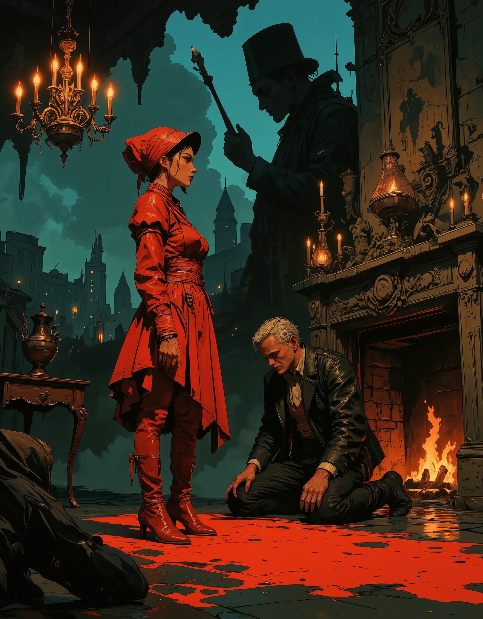 A tall maid in crimson velvet bows politely beside the fireplace, a glowing poker in hand. Her hair is wrapped in a silk bonnet, her boots polished like mirrors. A heartbroken man kneels before her, begging for another chance. The chandelier above flickers...