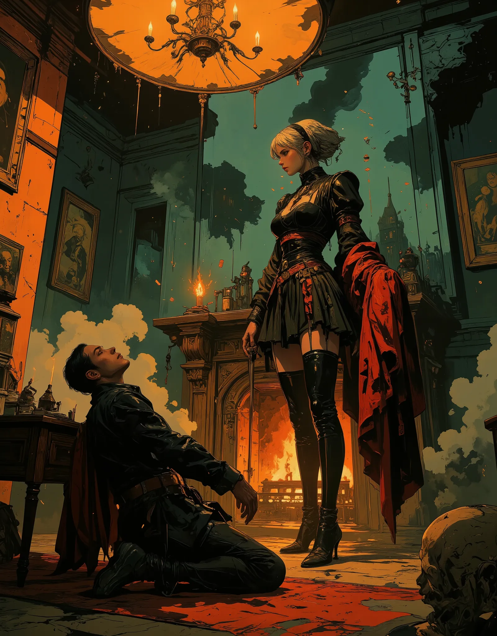 A tall maid in black and crimson velvet stands arrogantly beside the fireplace, a glowing poker in hand. her foot places on a foor rest, Her hair is wrapped in a silk bonnet, her boots polished like mirrors. A heartbroken man kneels before her, begging for...
